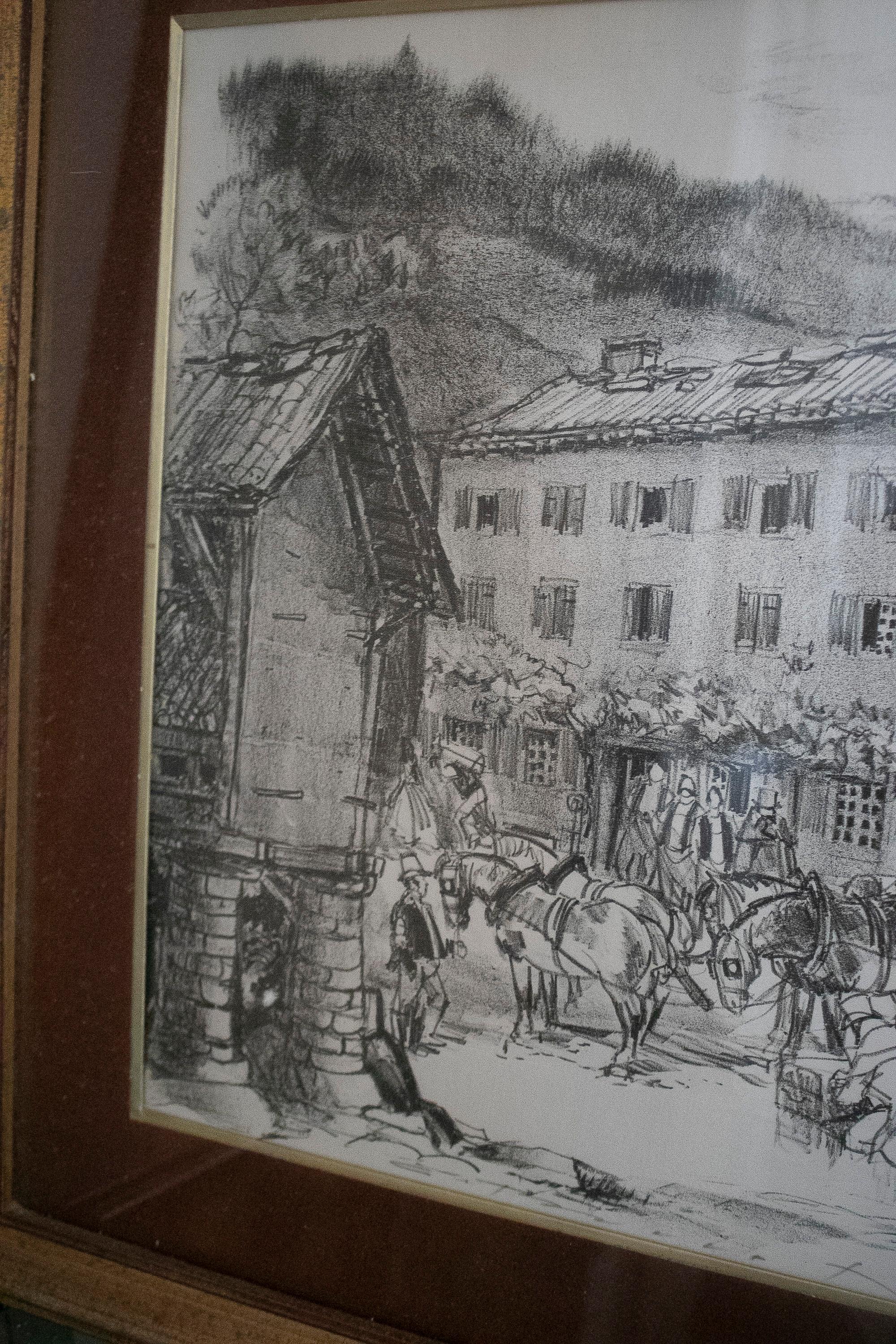 Paper 1970s French Post House Charcoal Painting For Sale