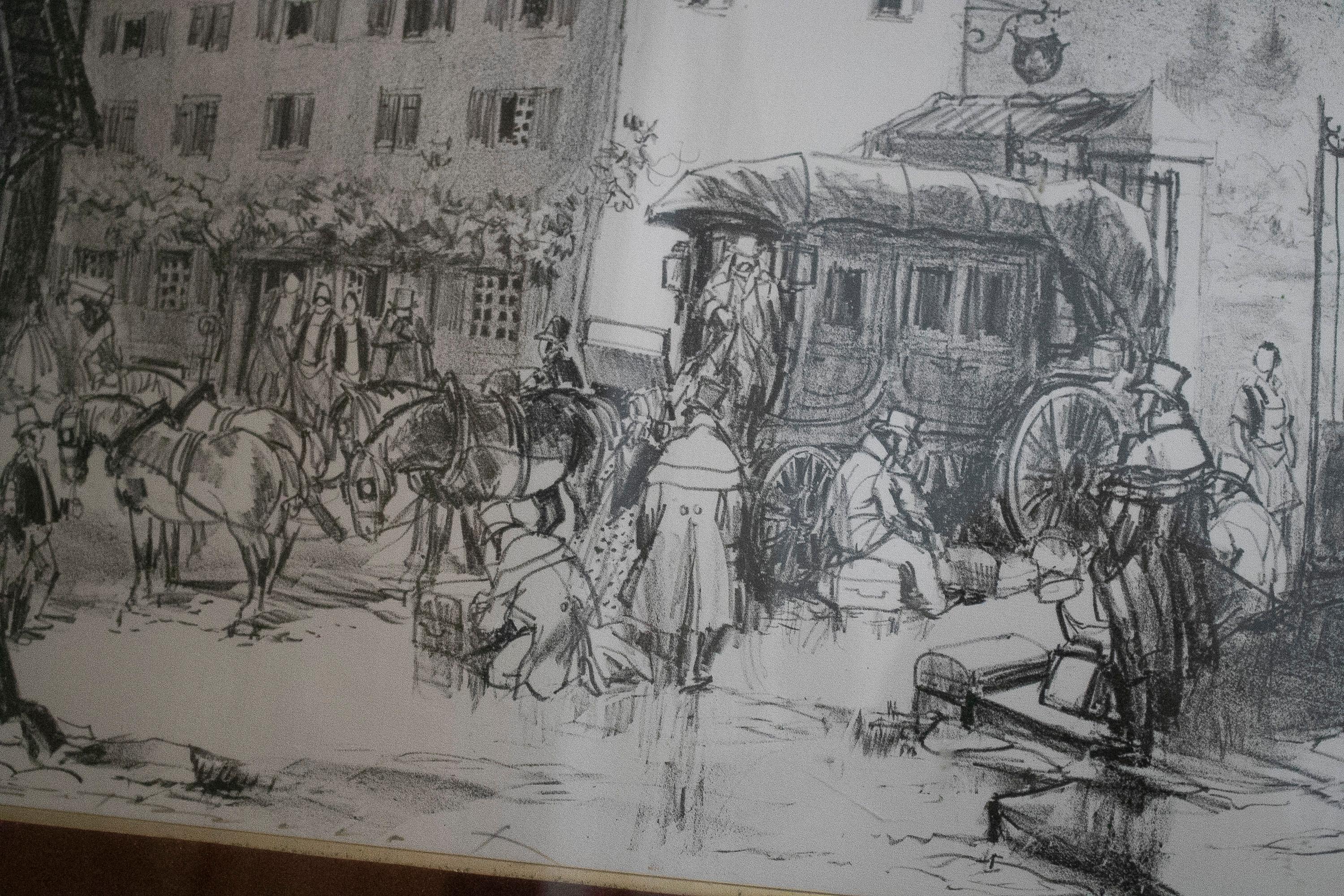 1970s French Post House Charcoal Painting For Sale 1