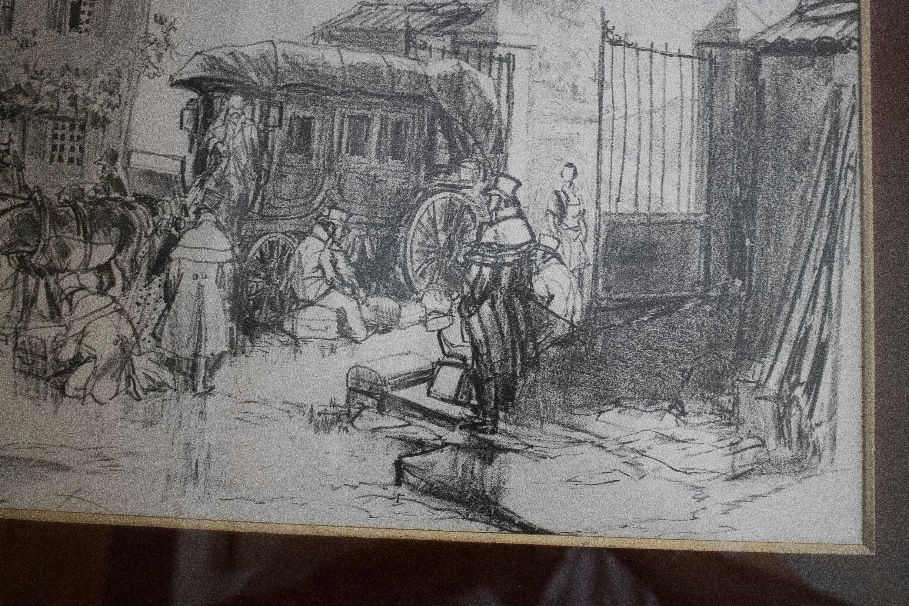 1970s French Post House Charcoal Painting For Sale 2
