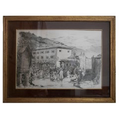 1970s French Post House Charcoal Painting