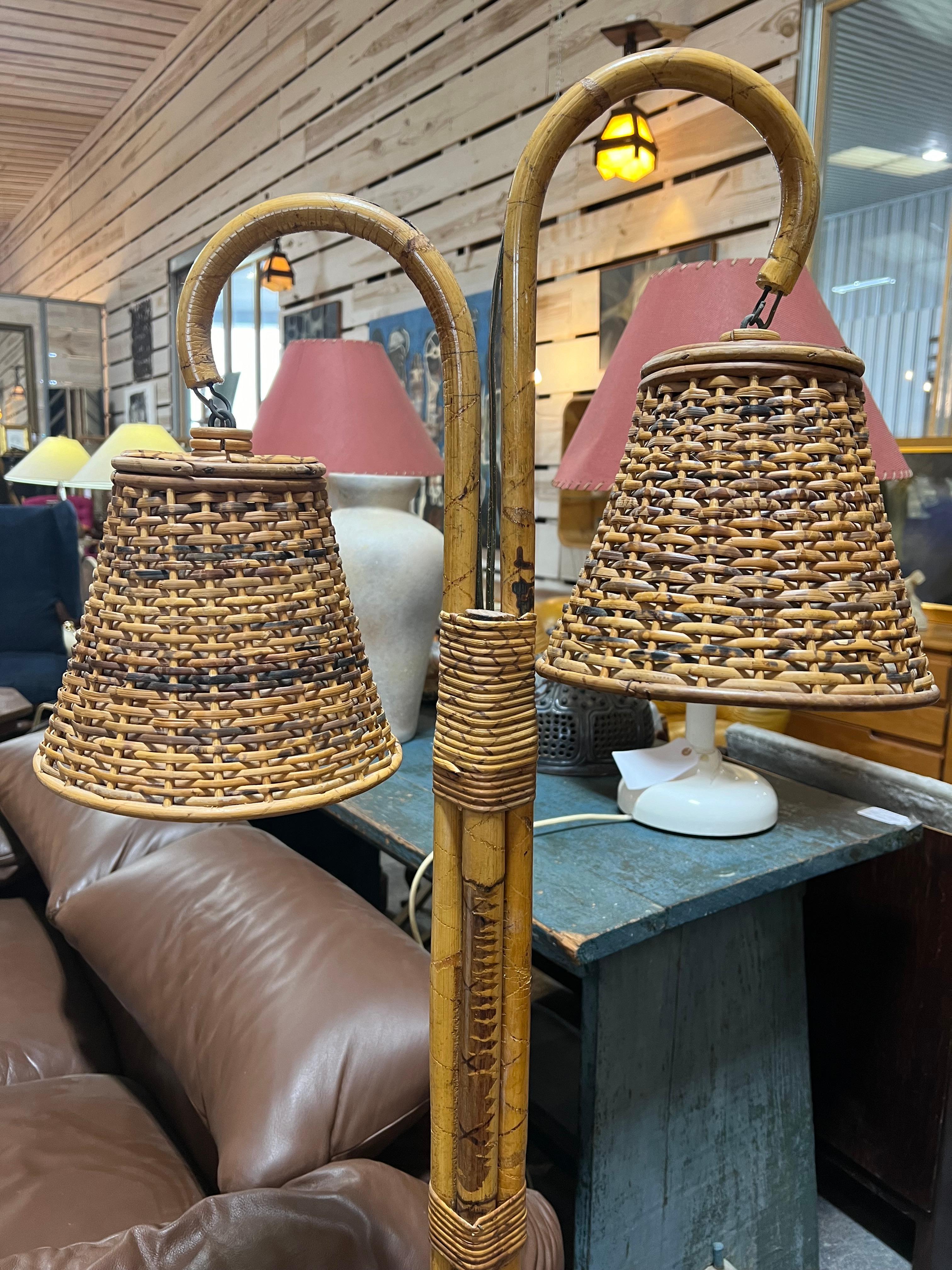 1970’s French Rattan And Bamboo Floor Lamp In Good Condition For Sale In Chicago, IL