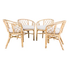 Vintage 1970s French Rattan Armchairs with Upholstered Seats, Set of Four