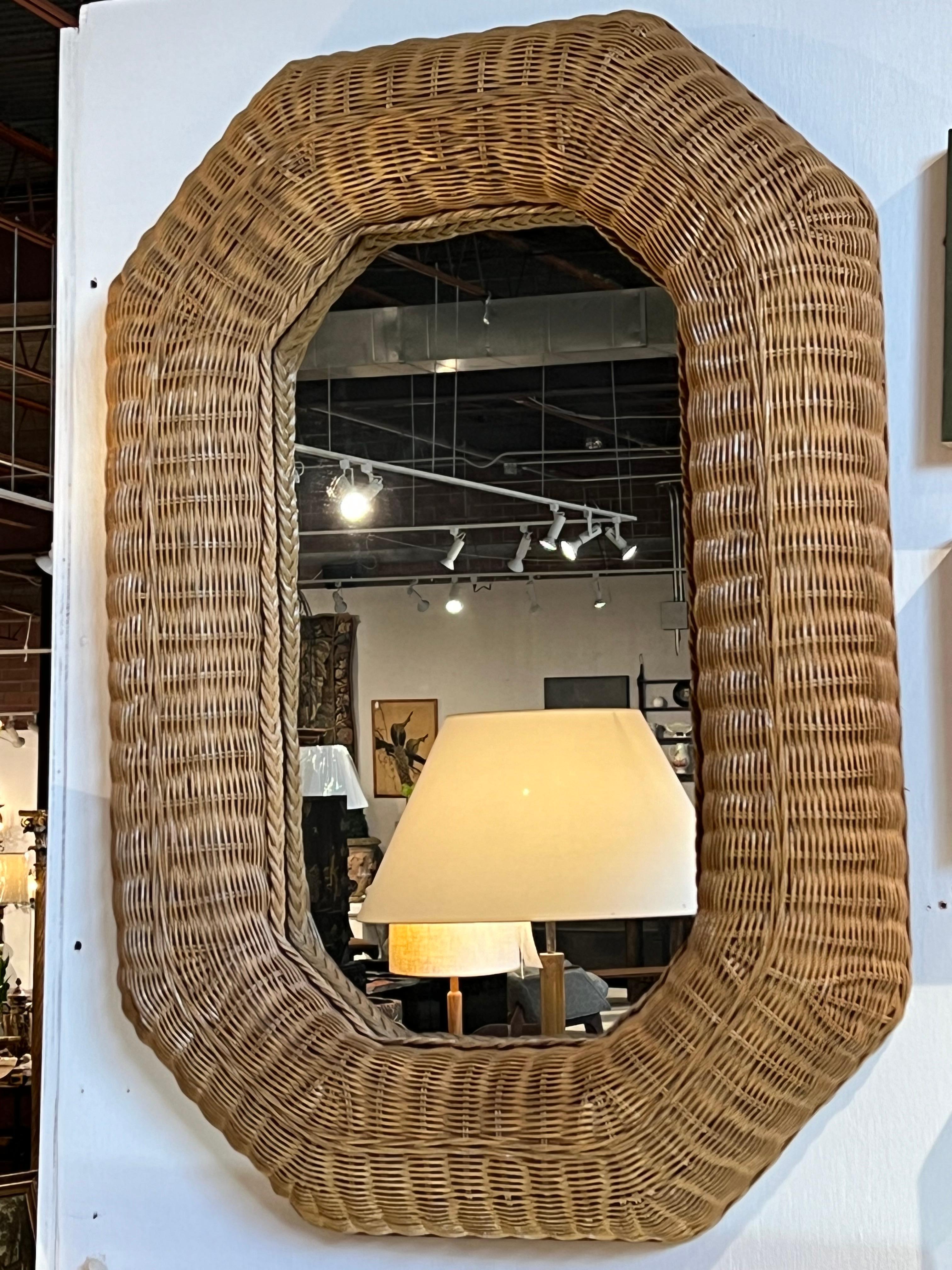 Mid-Century Modern 1970’s French Rattan Mirror  For Sale