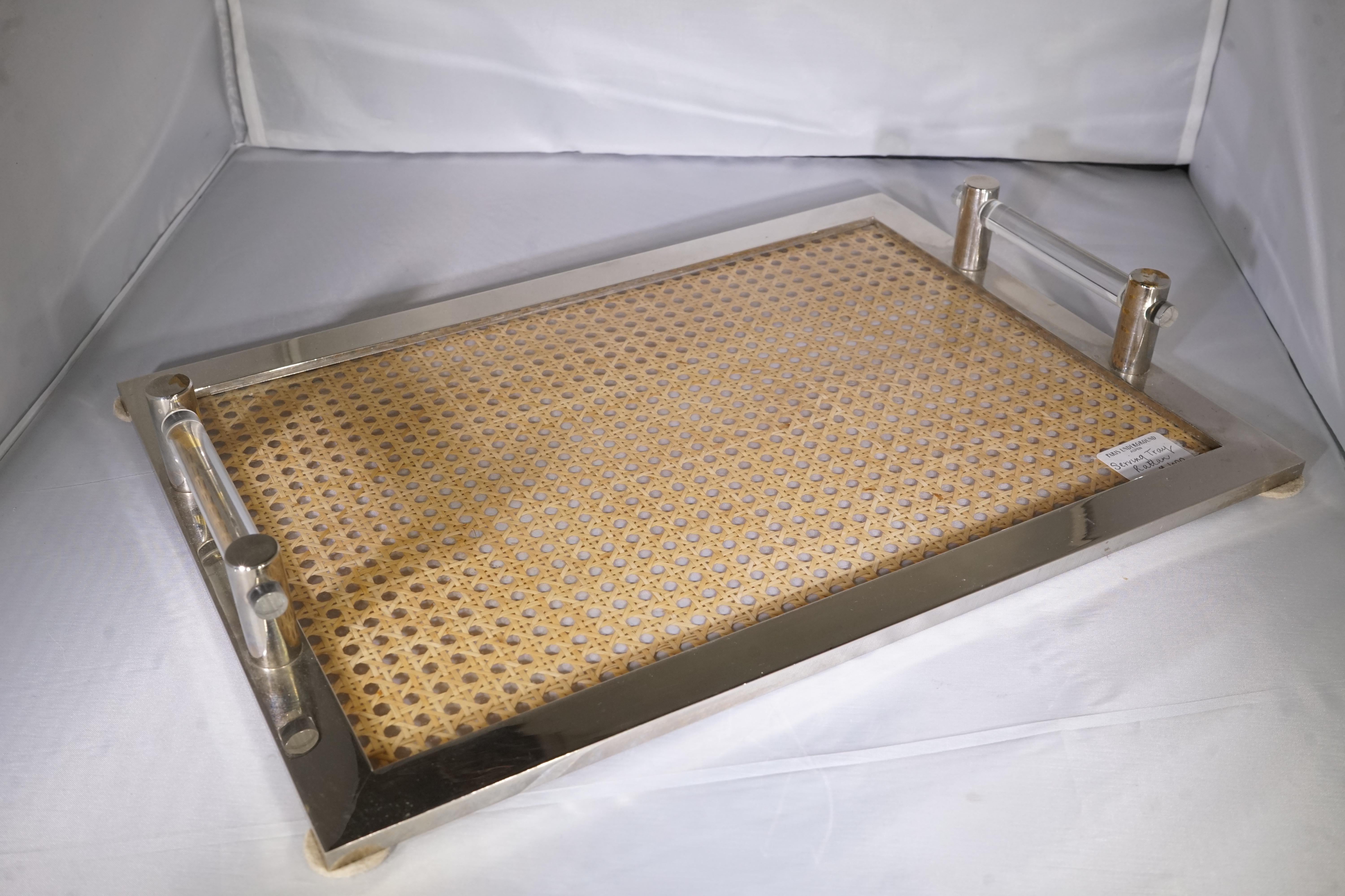 1970s French Rattan Silver Plate and Lucite Serving Tray 2