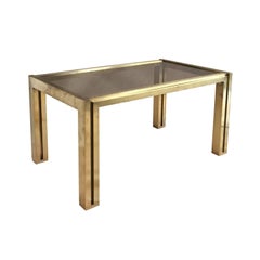 1970s French Rectangular Brass Side Table with Cut-Out Legs and Smoke Glass Top