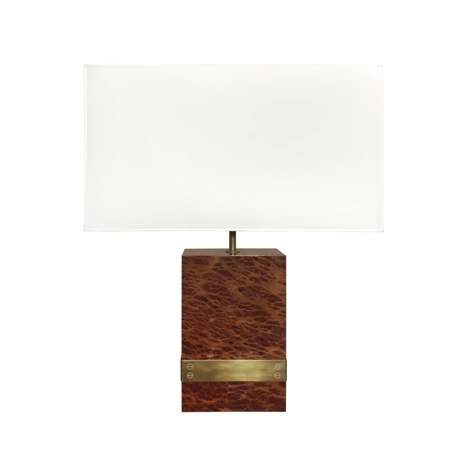 1970s French Rectangular Burl Wood and Bronze Banded Table Lamp For Sale