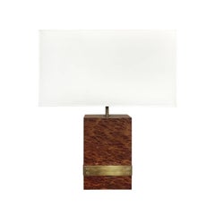 1970s French Rectangular Burl Wood and Bronze Banded Table Lamp