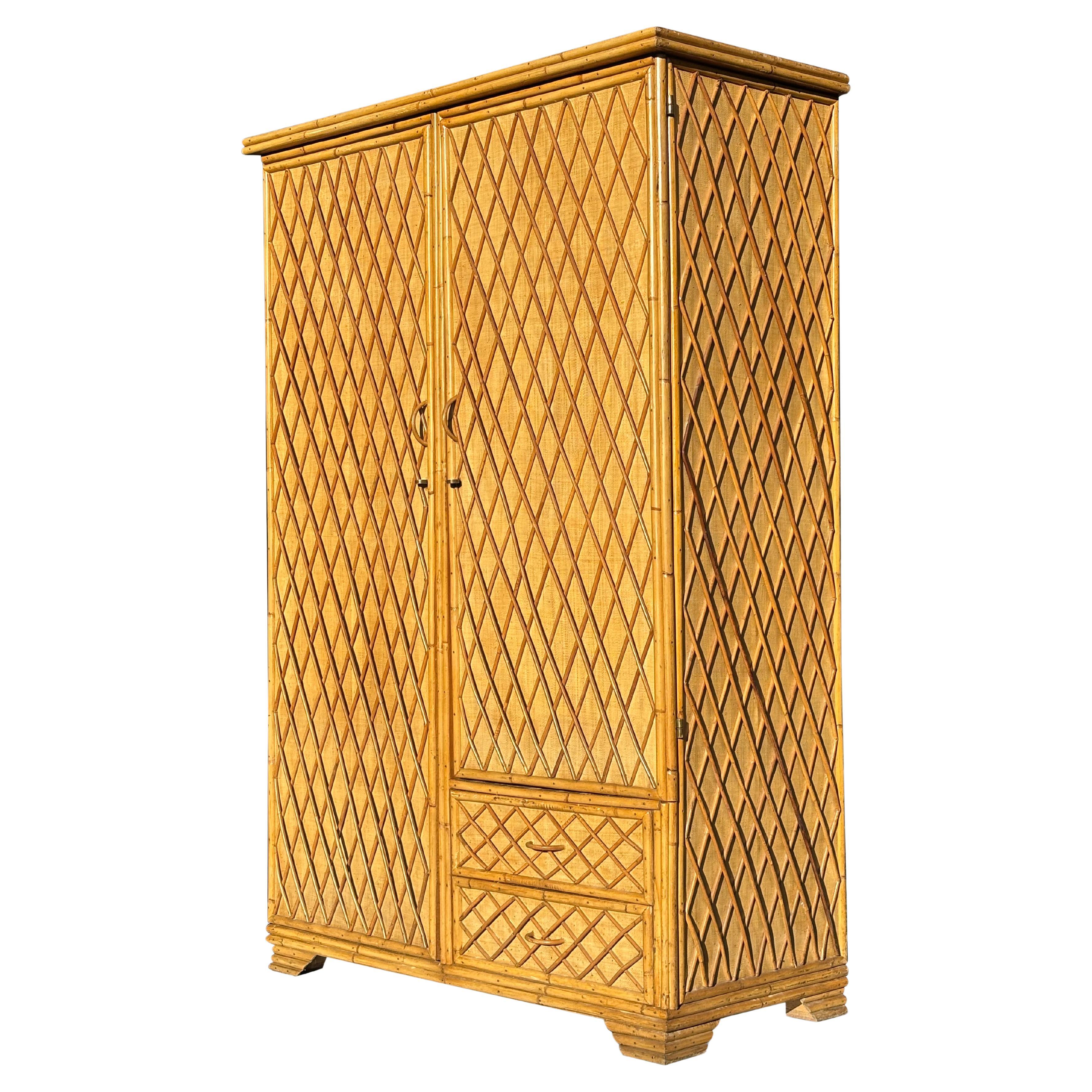 1970
s French Riviera Bamboo 
Wicker Wardrobe Armoire