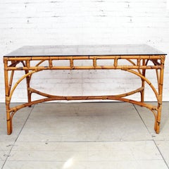 1970s French Riviera Style Bamboo Smoked Glass Topped Dining Table