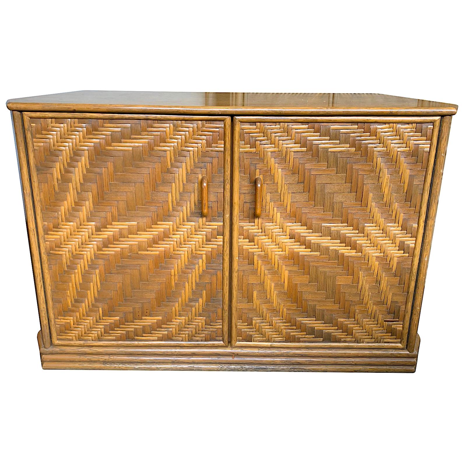 1970s French Riviera Two Door Bamboo and Rattan Side Cabinet For Sale