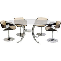 1970s French Roche Bobois Dining Suite Chrome Glass Table 4 Luna Tulip Chairs