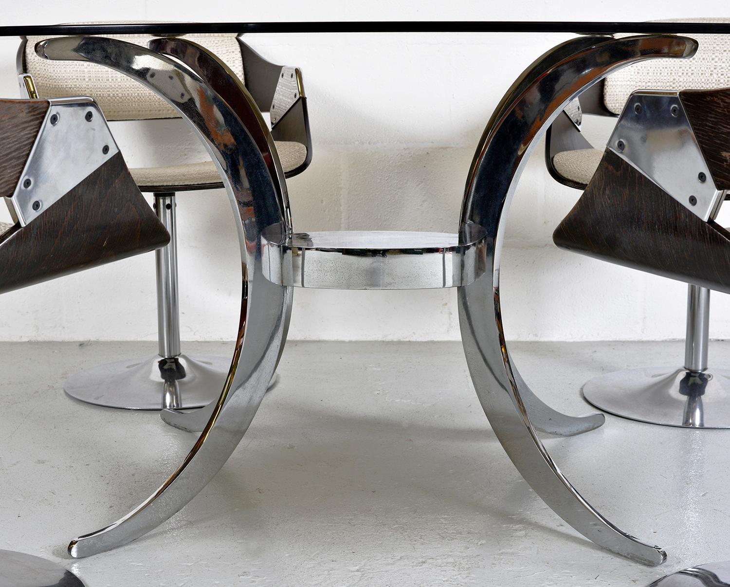 Space Age 1970s French Roche Bobois Dining Suite Chrome Glass Table 4 Luna Tulip Chairs