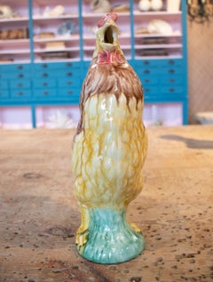 1970s French Rooster Figure Hand Painted "Botijo" Earthenware Water Jug