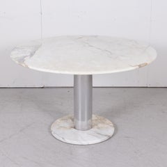 1970s French Round Carrara Marble-Top Pedestal Dining Table with Marble Base