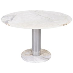 1970s French Round Carrara Marble-Top Pedestal Dining Table with Marble Base
