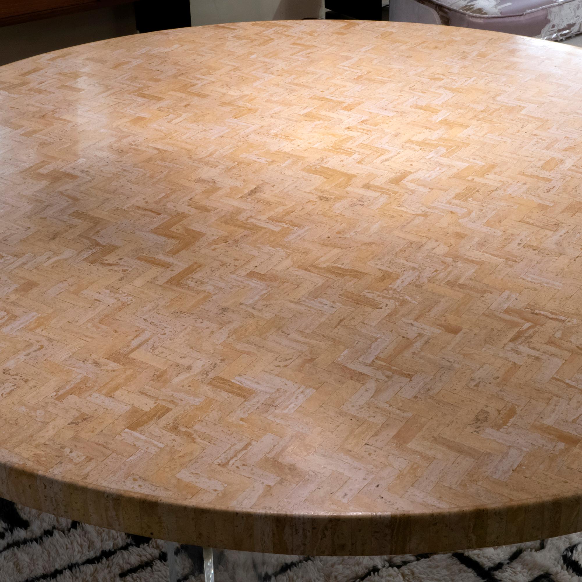 1970s French Round Dining Table, Travertine Tiles Round Top and Plexiglass Base 2