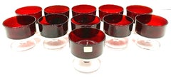 1970'S French Ruby Red & Clear Stem Coupe Drinking Glasses S/11