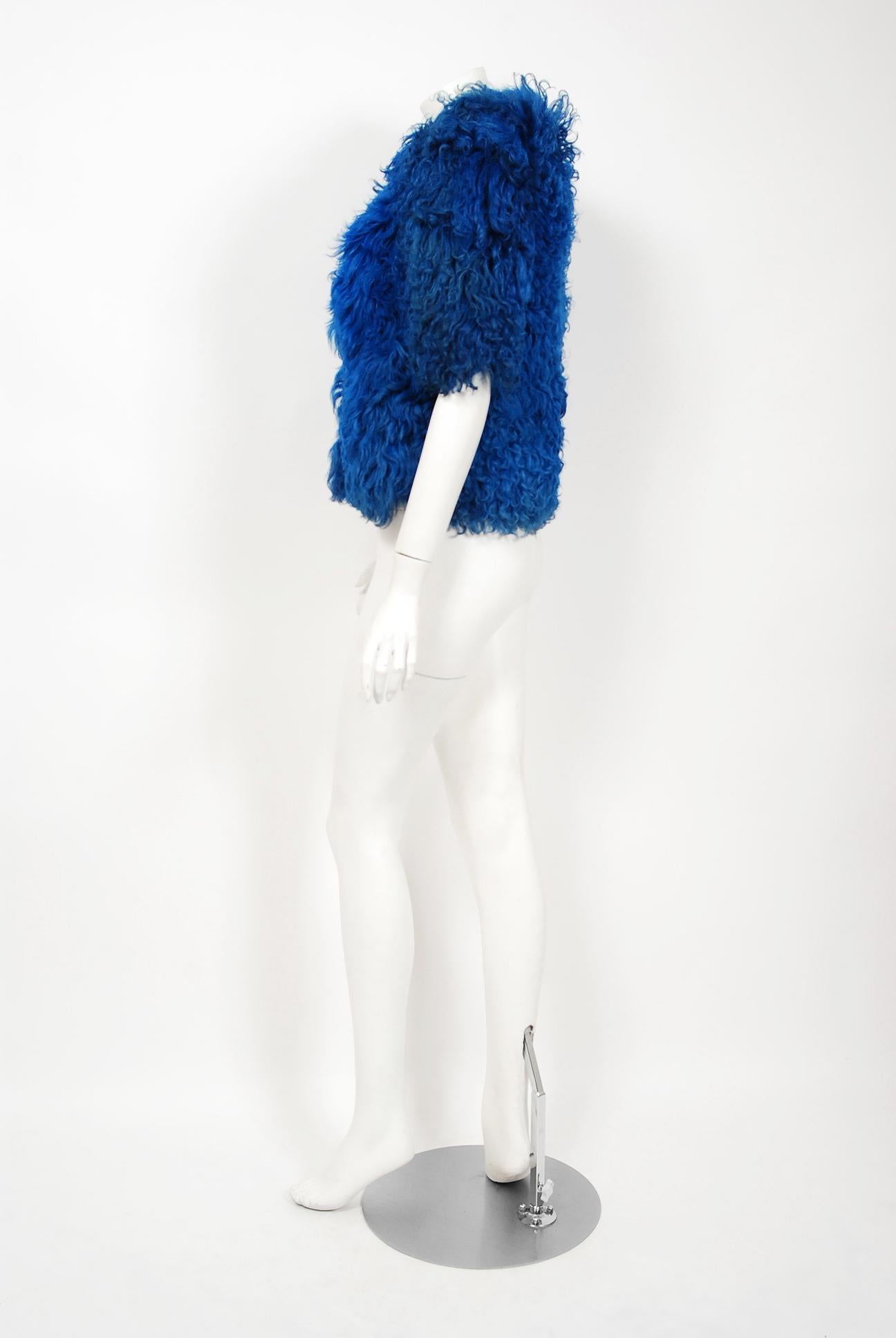 Women's Vintage 1970's Monsieur of Paris Sapphire Blue Mongolian Curly-Fur Bolero Jacket