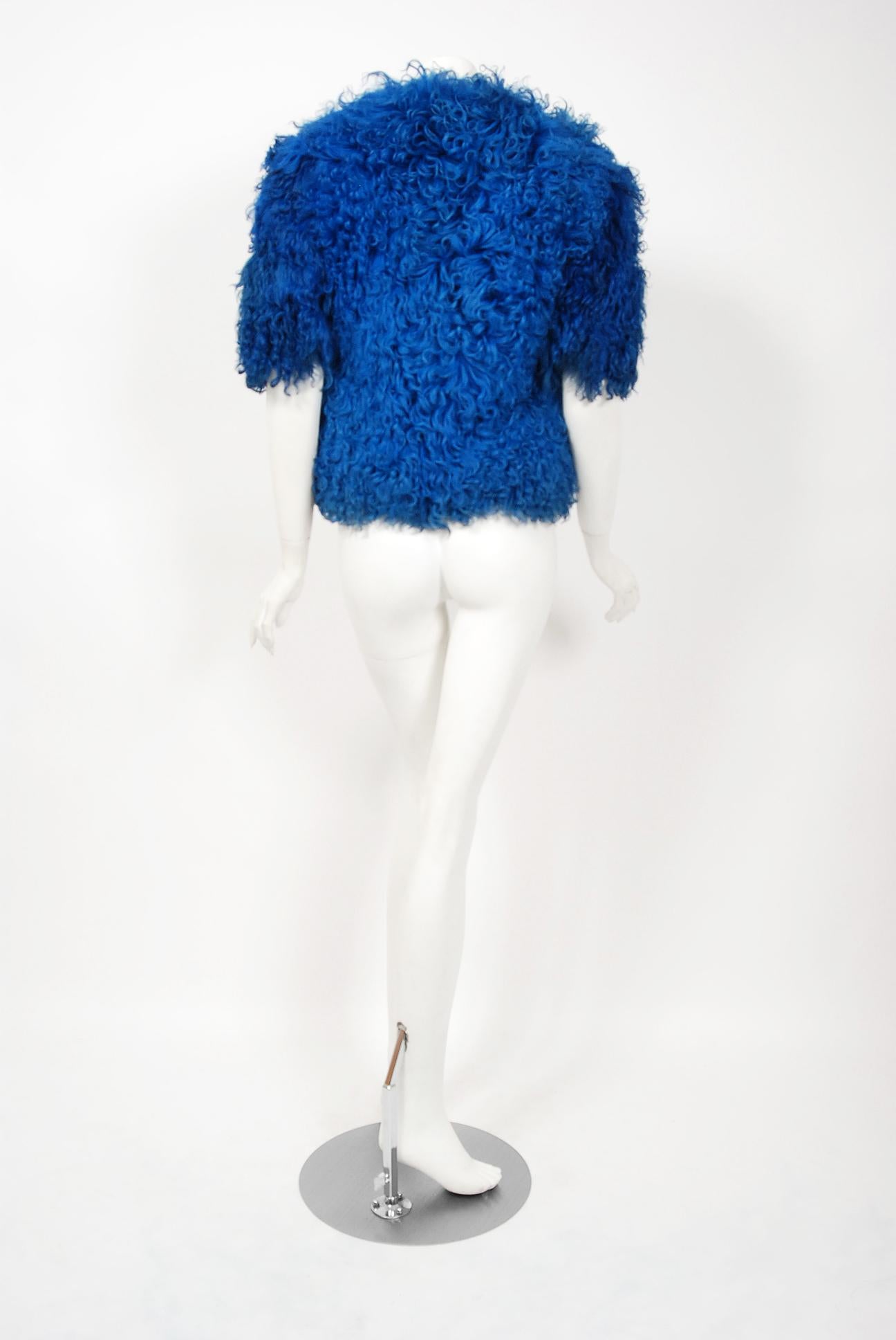 Vintage 1970's Monsieur of Paris Sapphire Blue Mongolian Curly-Fur Bolero Jacket 1