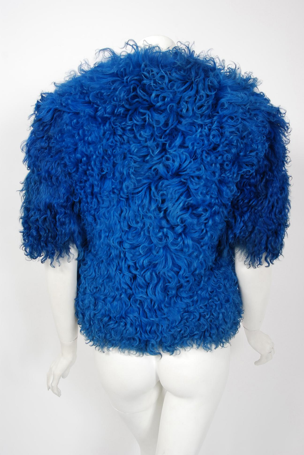 Vintage 1970's Monsieur of Paris Sapphire Blue Mongolian Curly-Fur Bolero Jacket 2