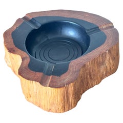 1970s French Sculpted Wood Ashtray – Two-Tone Design in Black & Brown with Rich