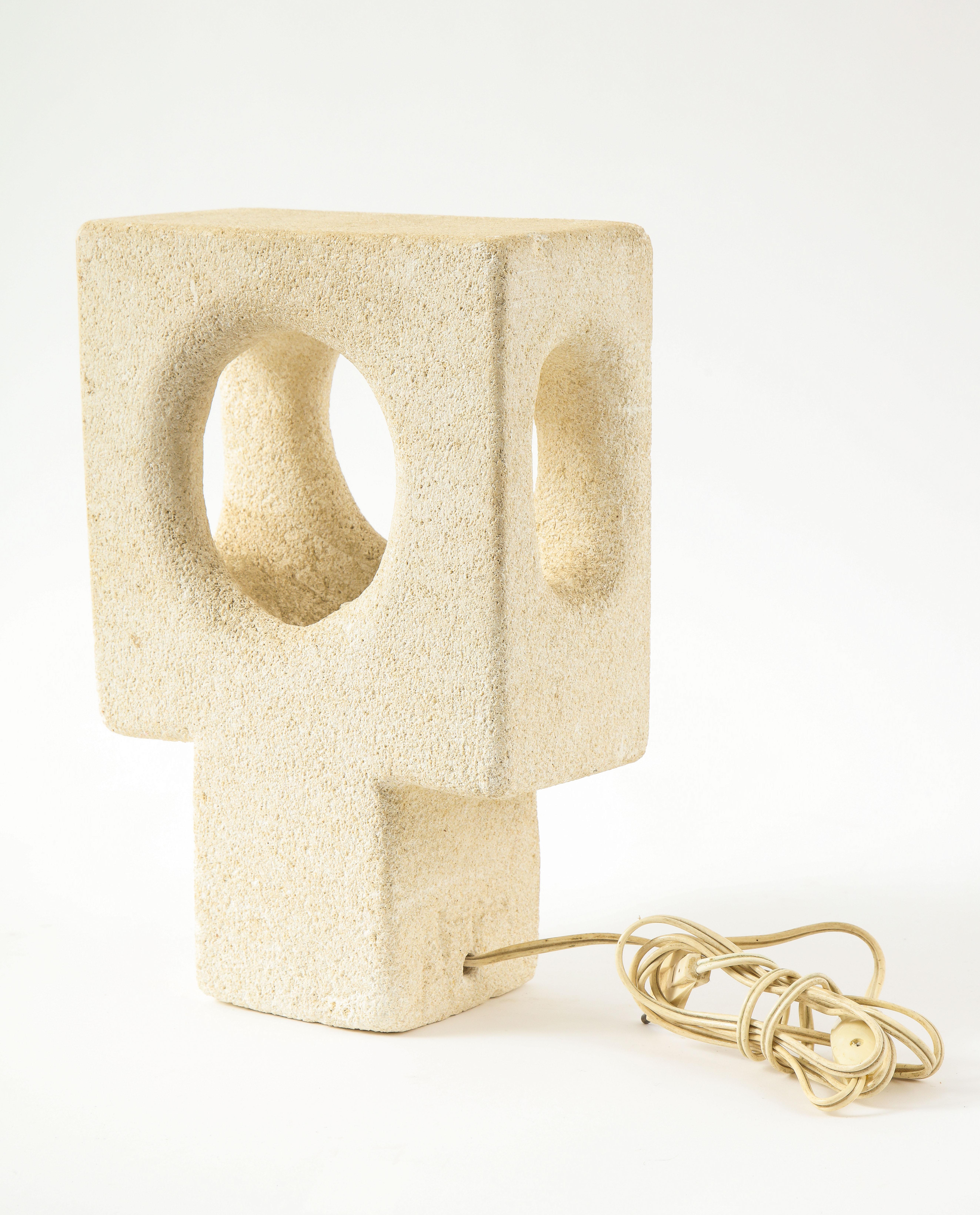 Mid-Century Modern 1970s French Sculptural Carved Limestone Table Lamp by Albert Tormos