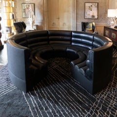 1970s, French Sectional Sofa Original Black Leather and New Black Fabric