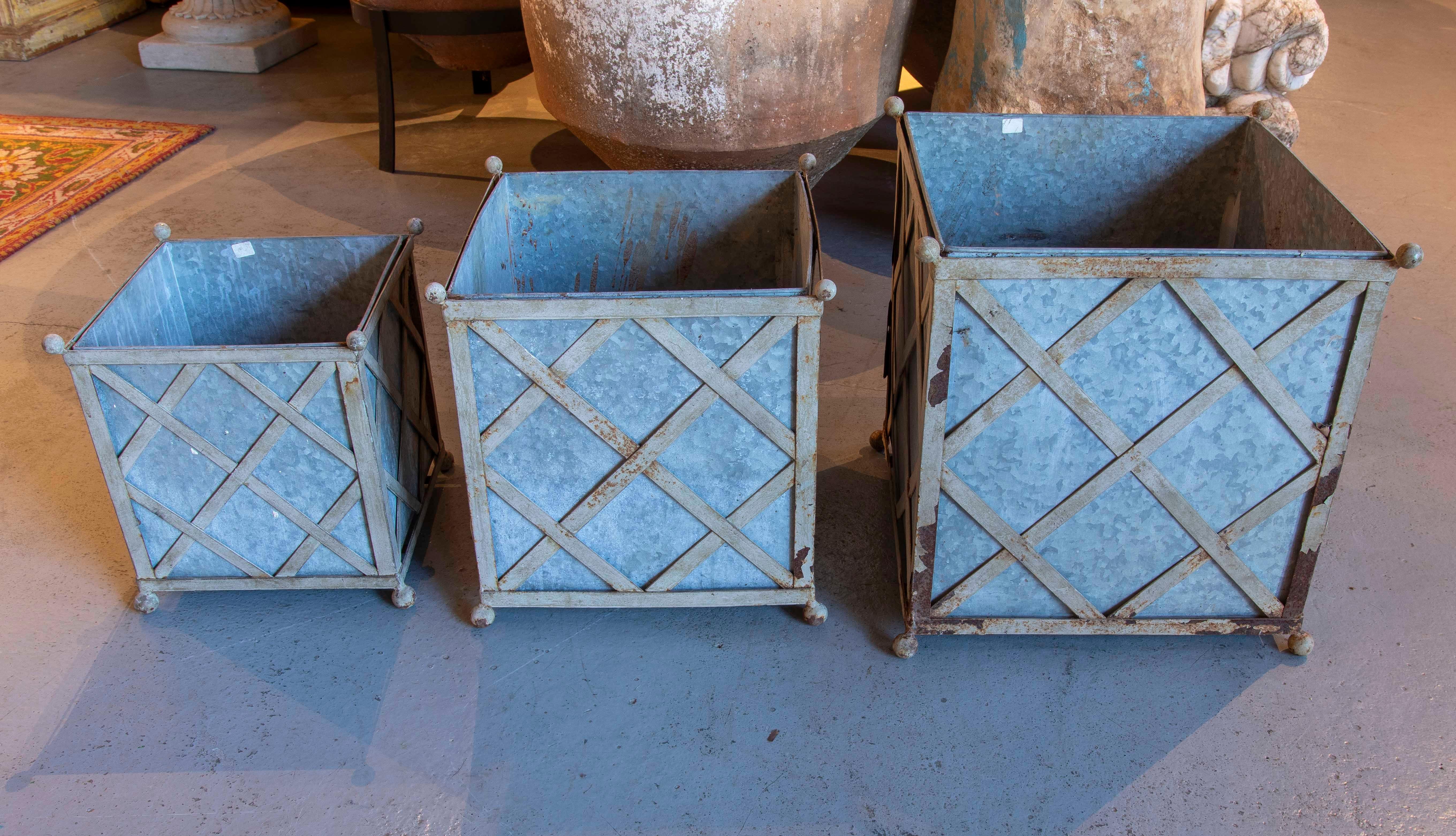 20th Century 1970s French Set of Three Square Iron and Zinc Planters  For Sale