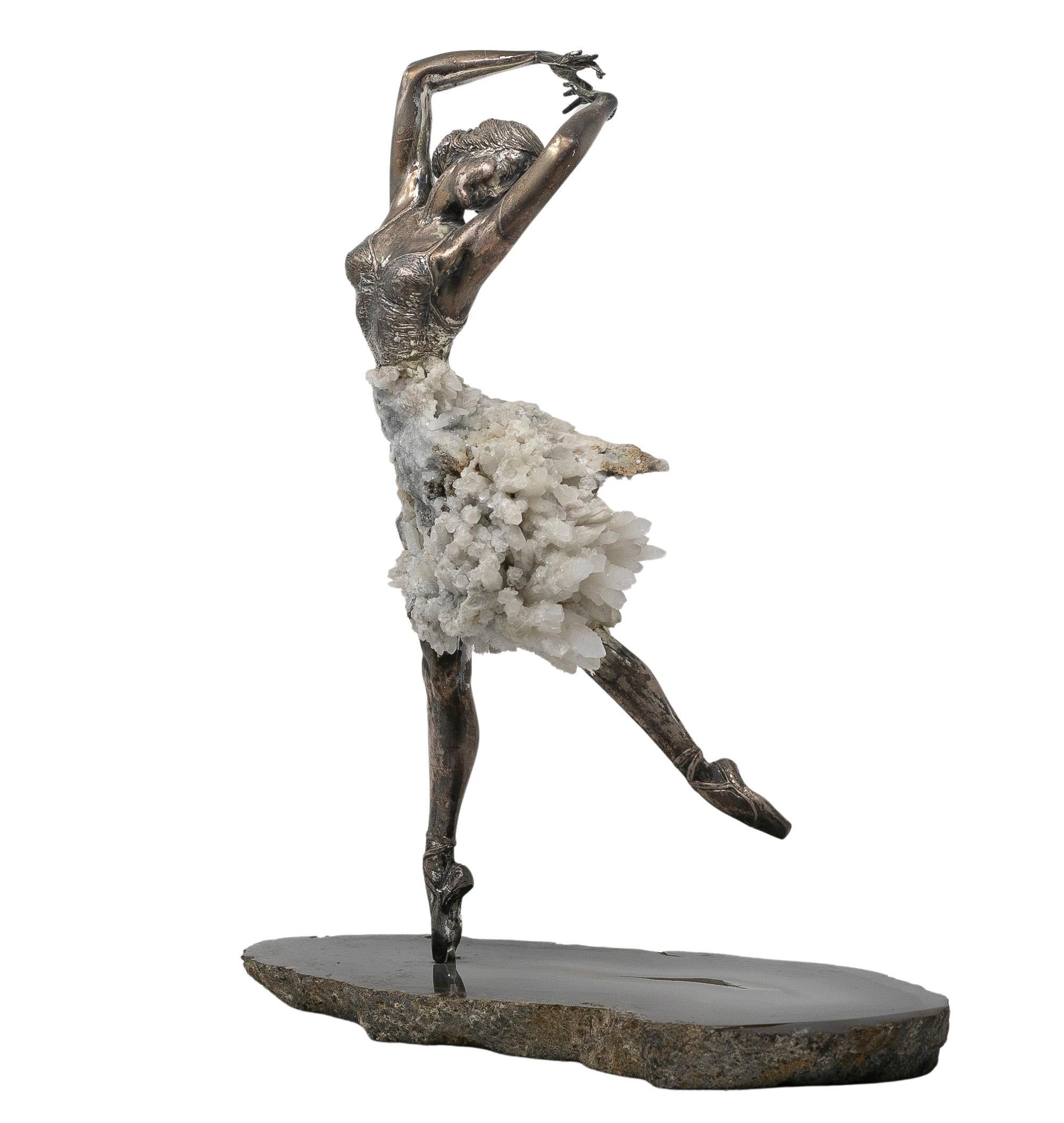 1970s French silver, hardstones and rock crystal female dancer figure sculpture.