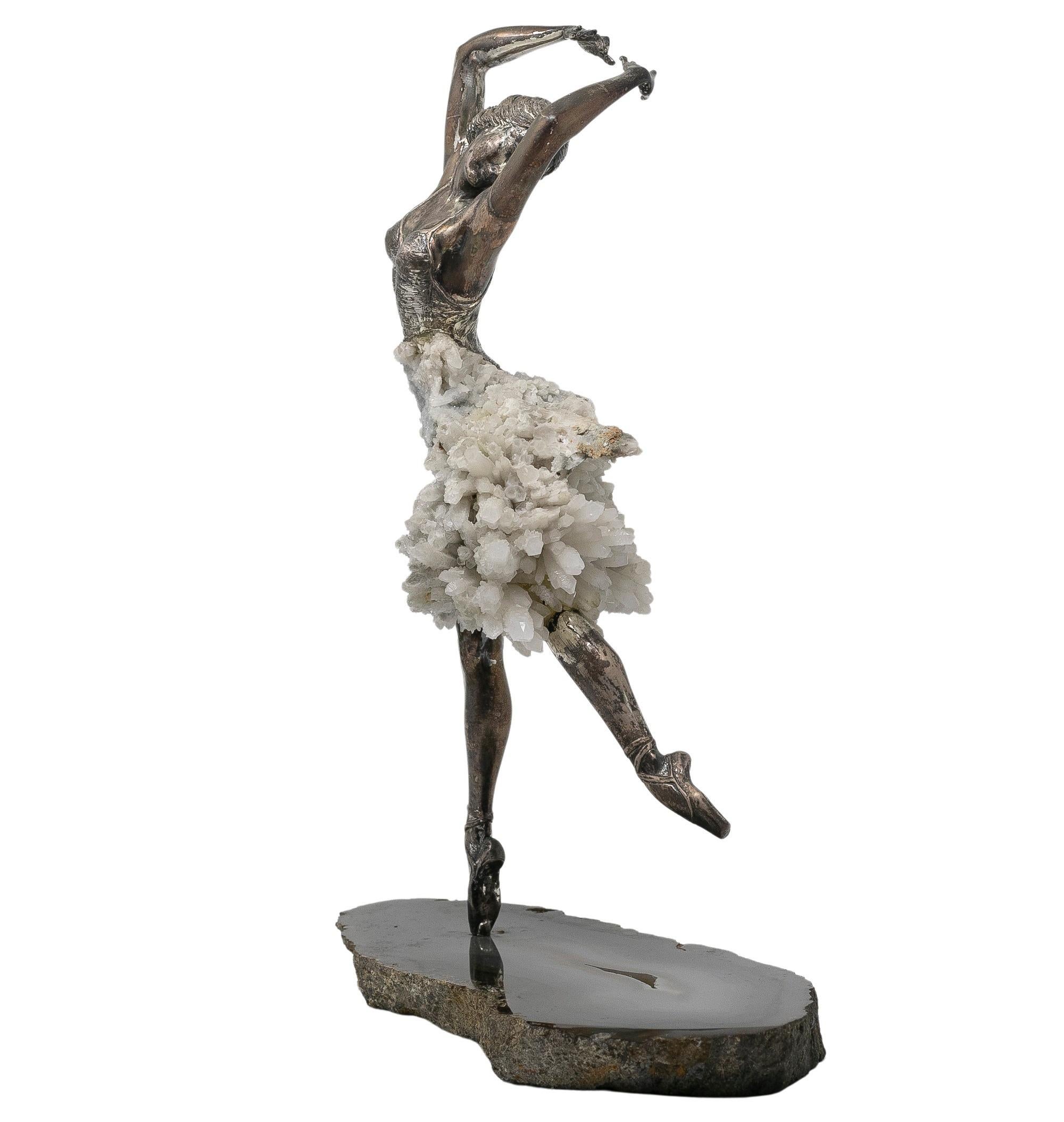 1970s French Silver, Hardstones and Rock Crystal Female Dancer Figure Sculpture In Good Condition In Marbella, ES