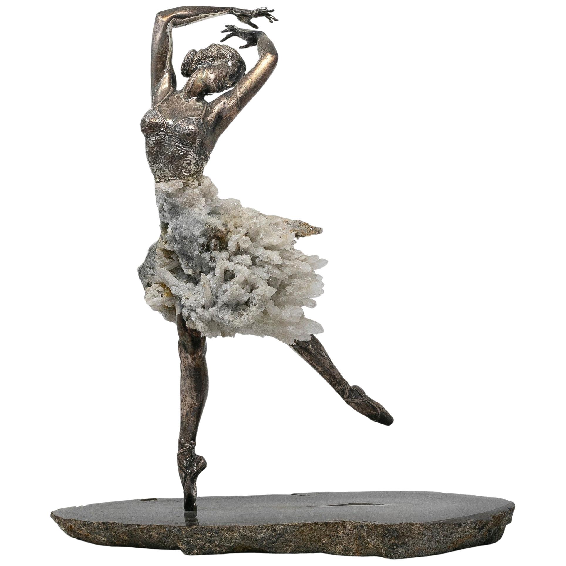1970s French Silver, Hardstones and Rock Crystal Female Dancer Figure Sculpture