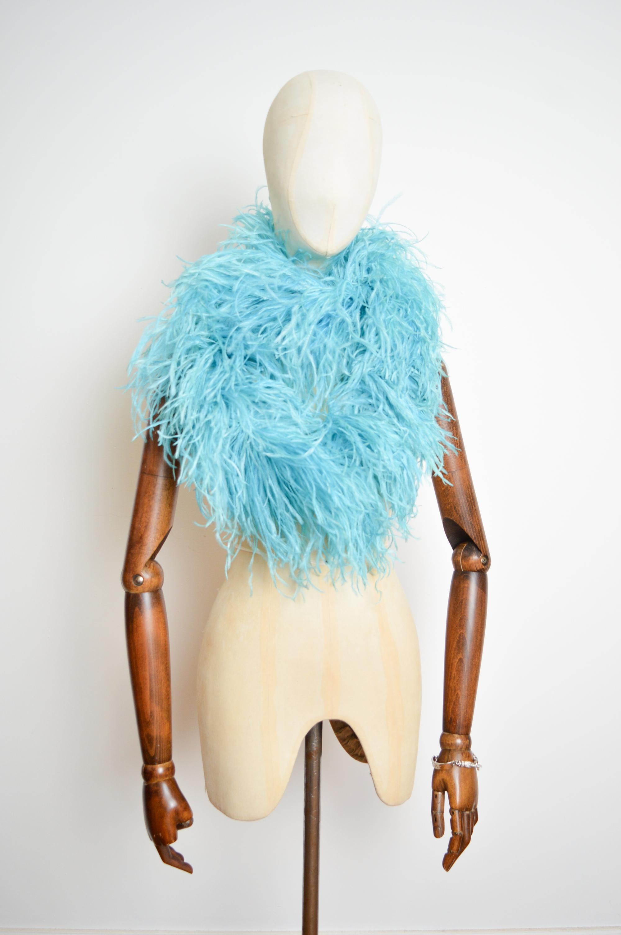 Women's or Men's 1970's French Sky Blue Ostrich Feather Boa Marabou Stole For Sale