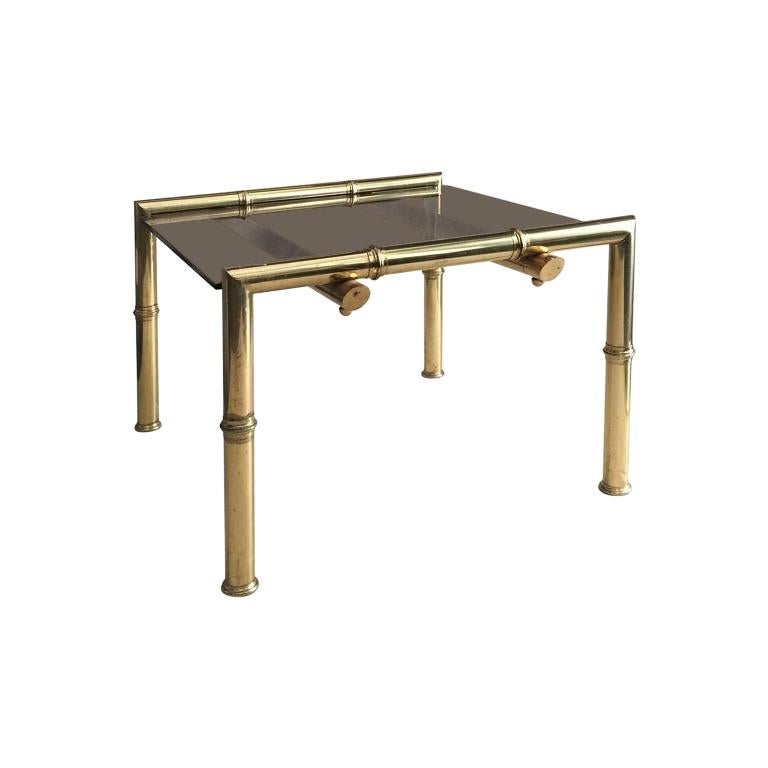 1970s French Square Brass Bamboo Side Table with Floating Bronze Glass Top