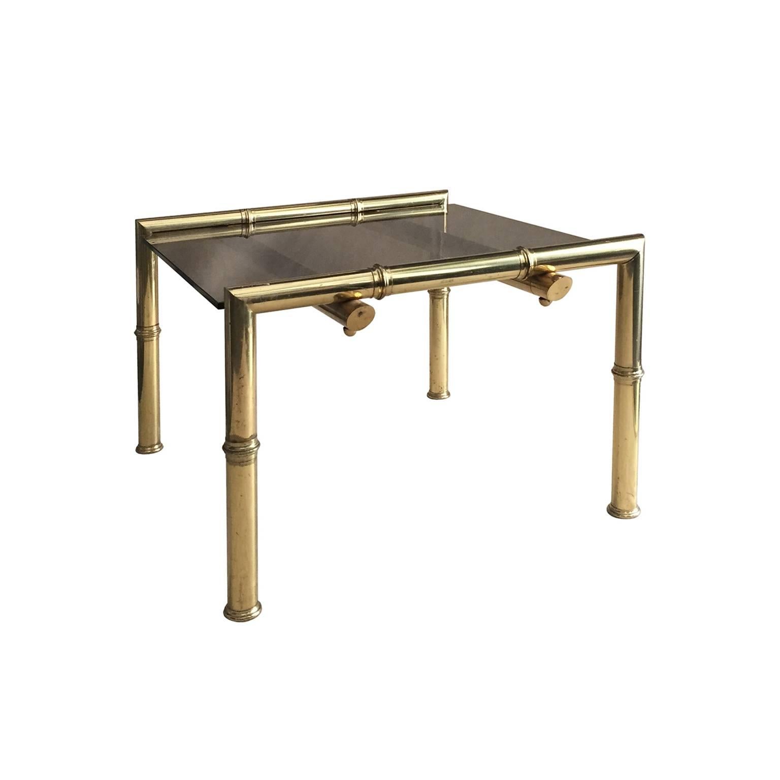 1970s French Square Brass Bamboo Side Table with Floating Bronze Glass Top For Sale