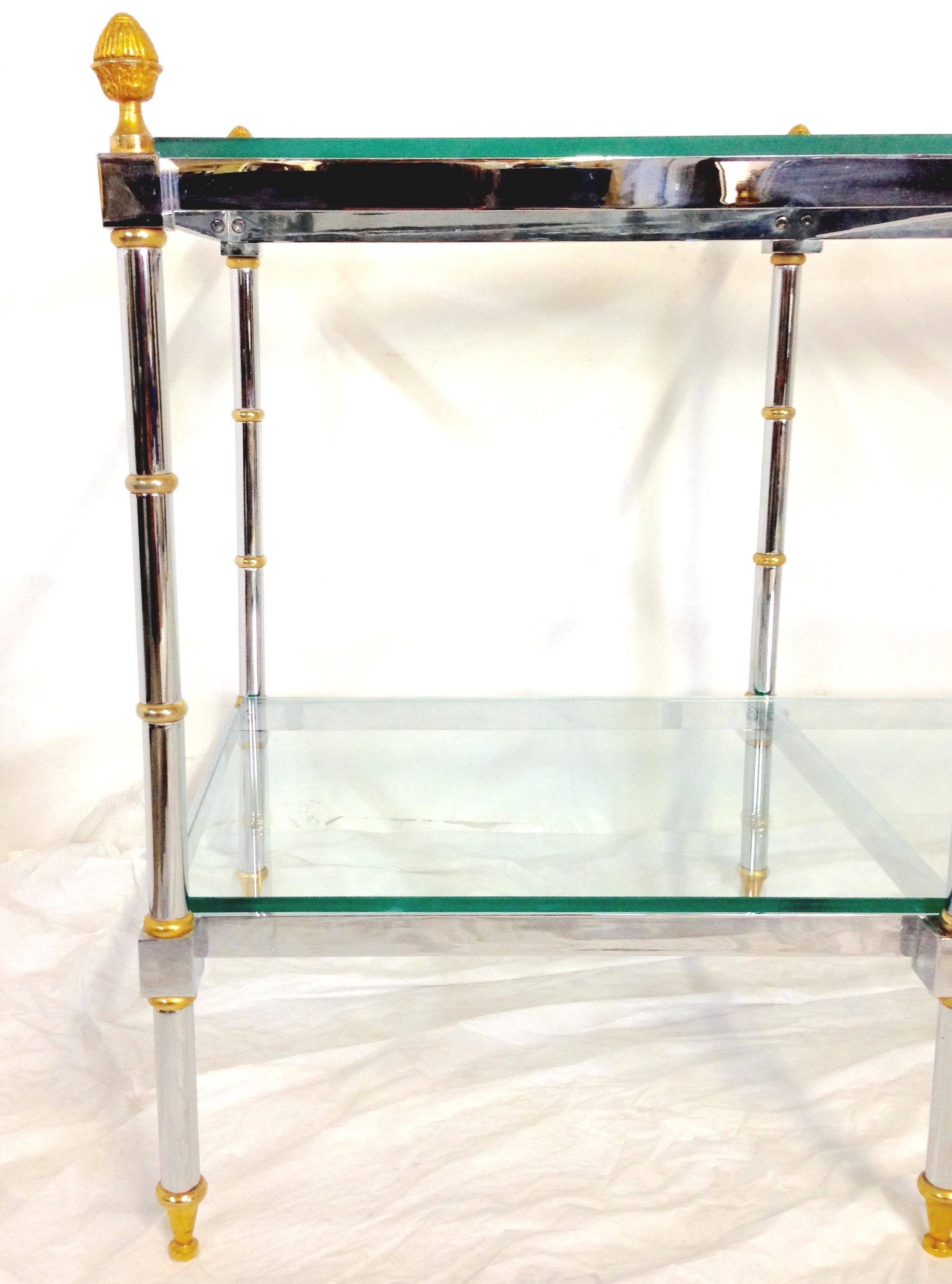 Late 20th Century 1970'S French Steel Chrome & Gilt Brass Two-Tier Glass Top Table