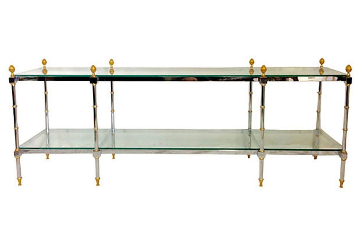 Neoclassical 1970'S French Steel Chrome & Gilt Brass Two-Tier Glass Top Table