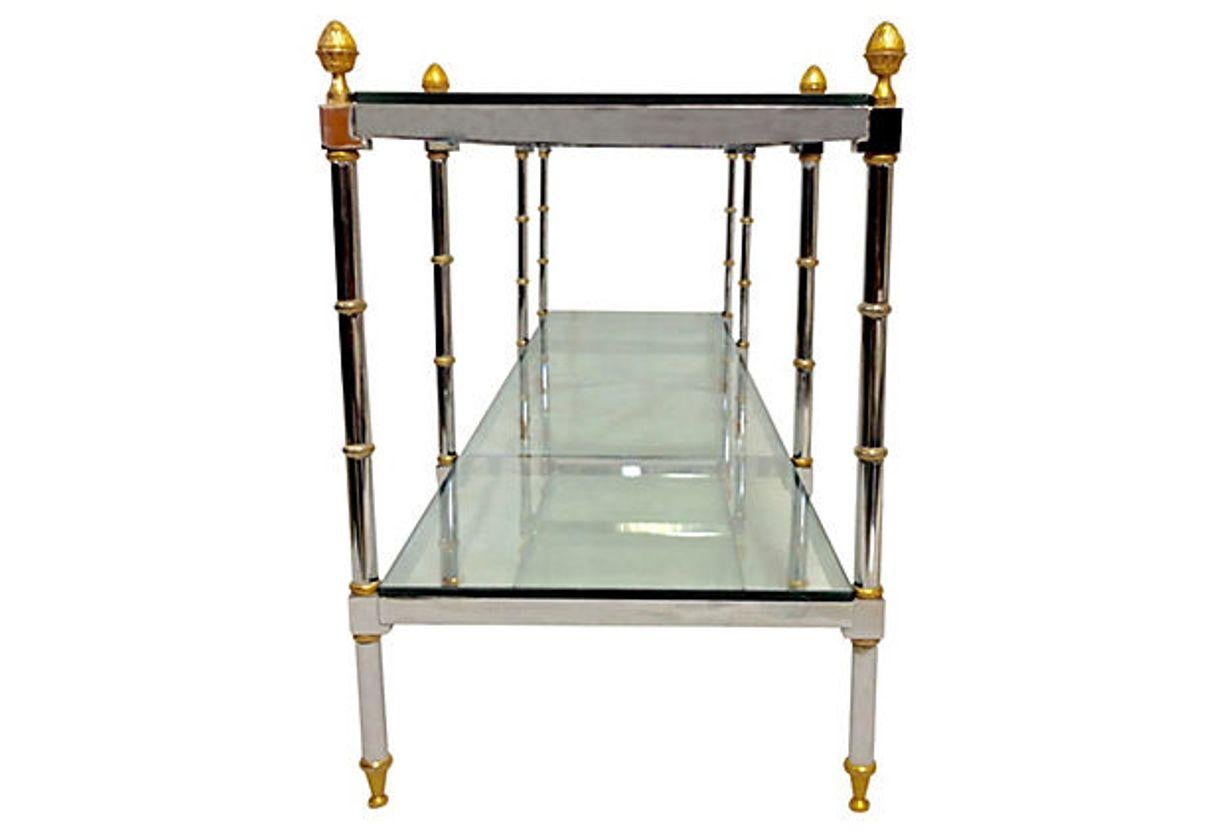 1970'S French Steel Chrome & Gilt Brass Two-Tier Glass Top Table In Excellent Condition In West Palm Beach, FL