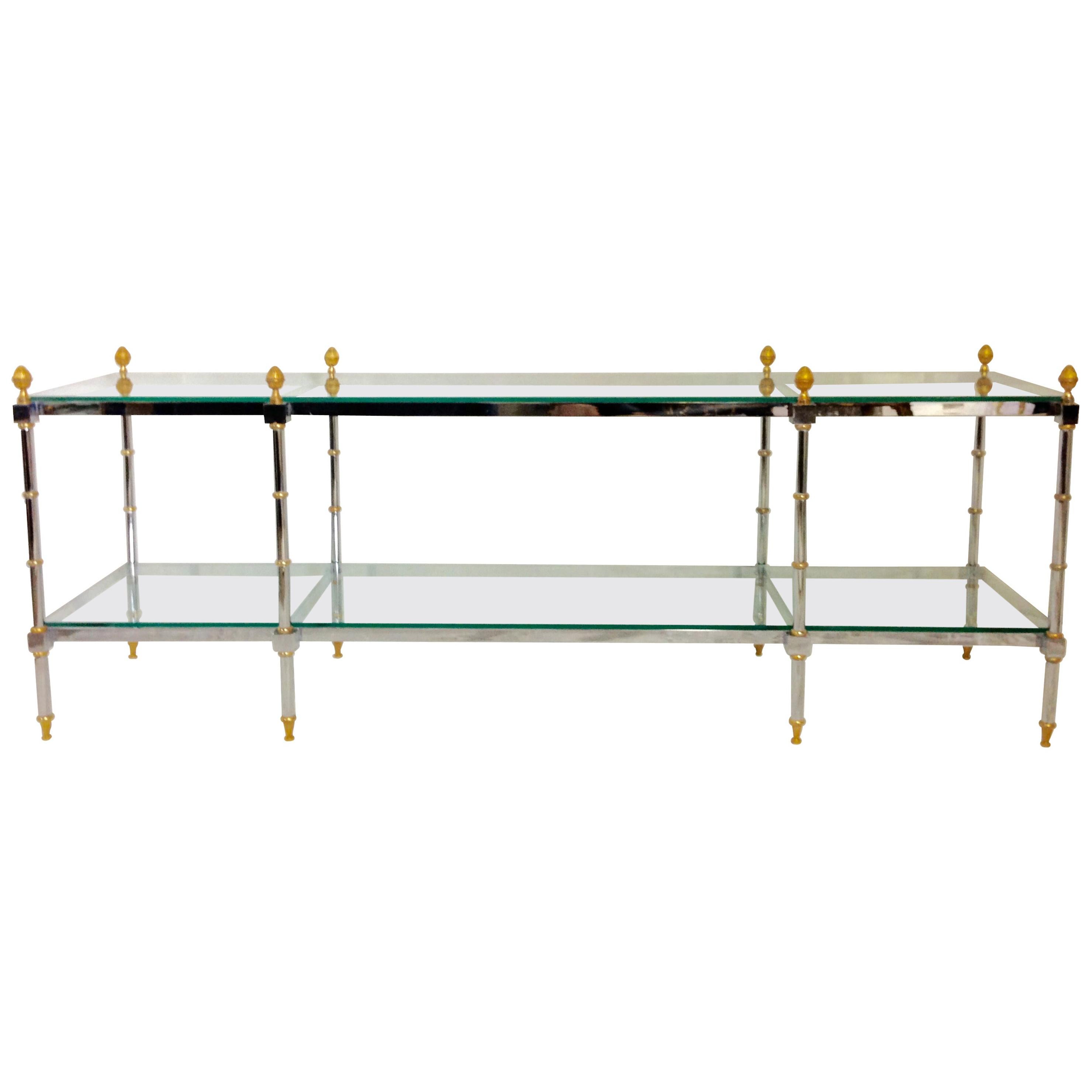 1970s French Steel Chrome and Gilt Brass Two-Tier Glass Top Table