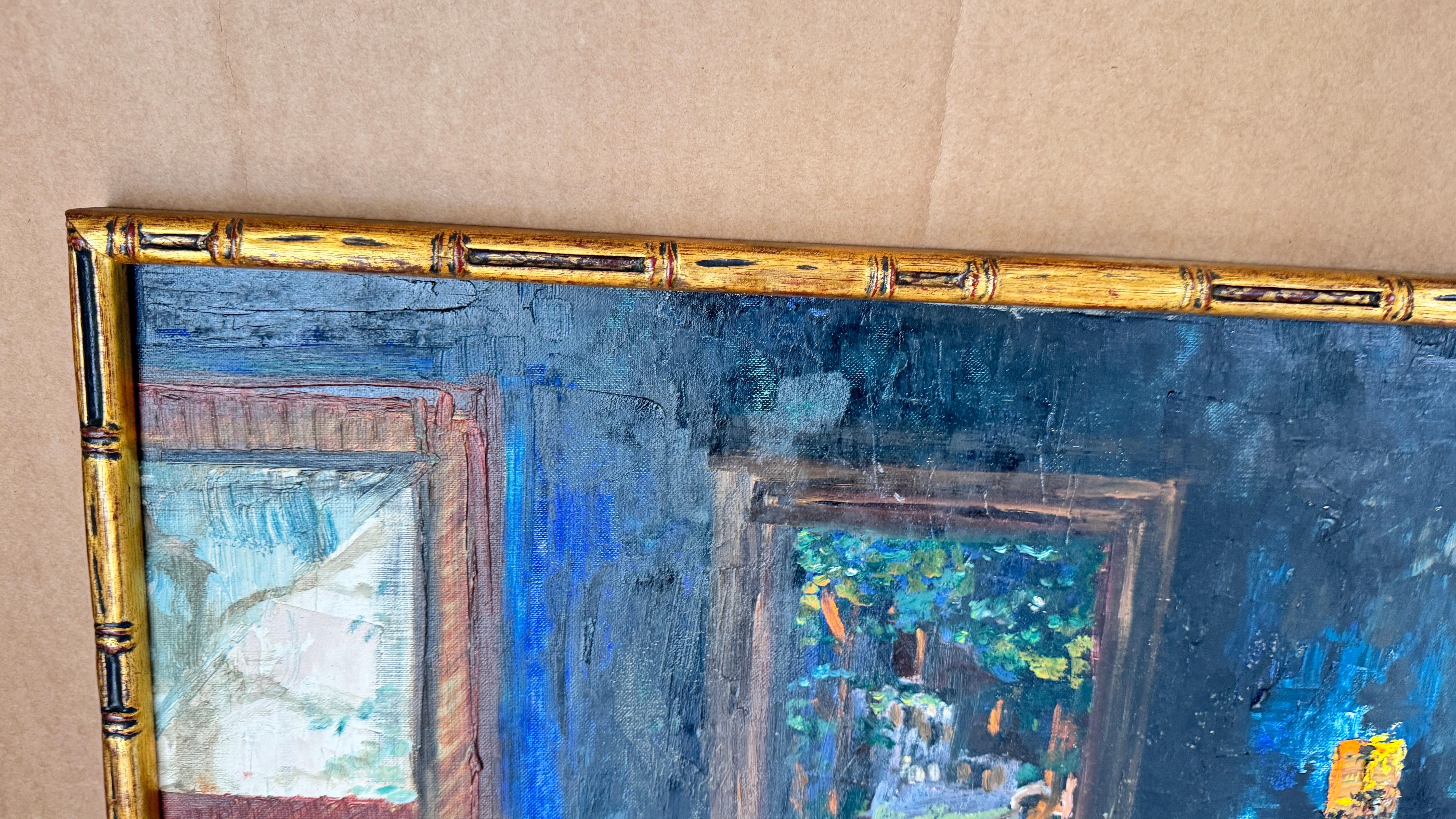 1970s French Still Life Painting, Bold Colors & Thick Texture, Faux Bamboo Gilde For Sale 4