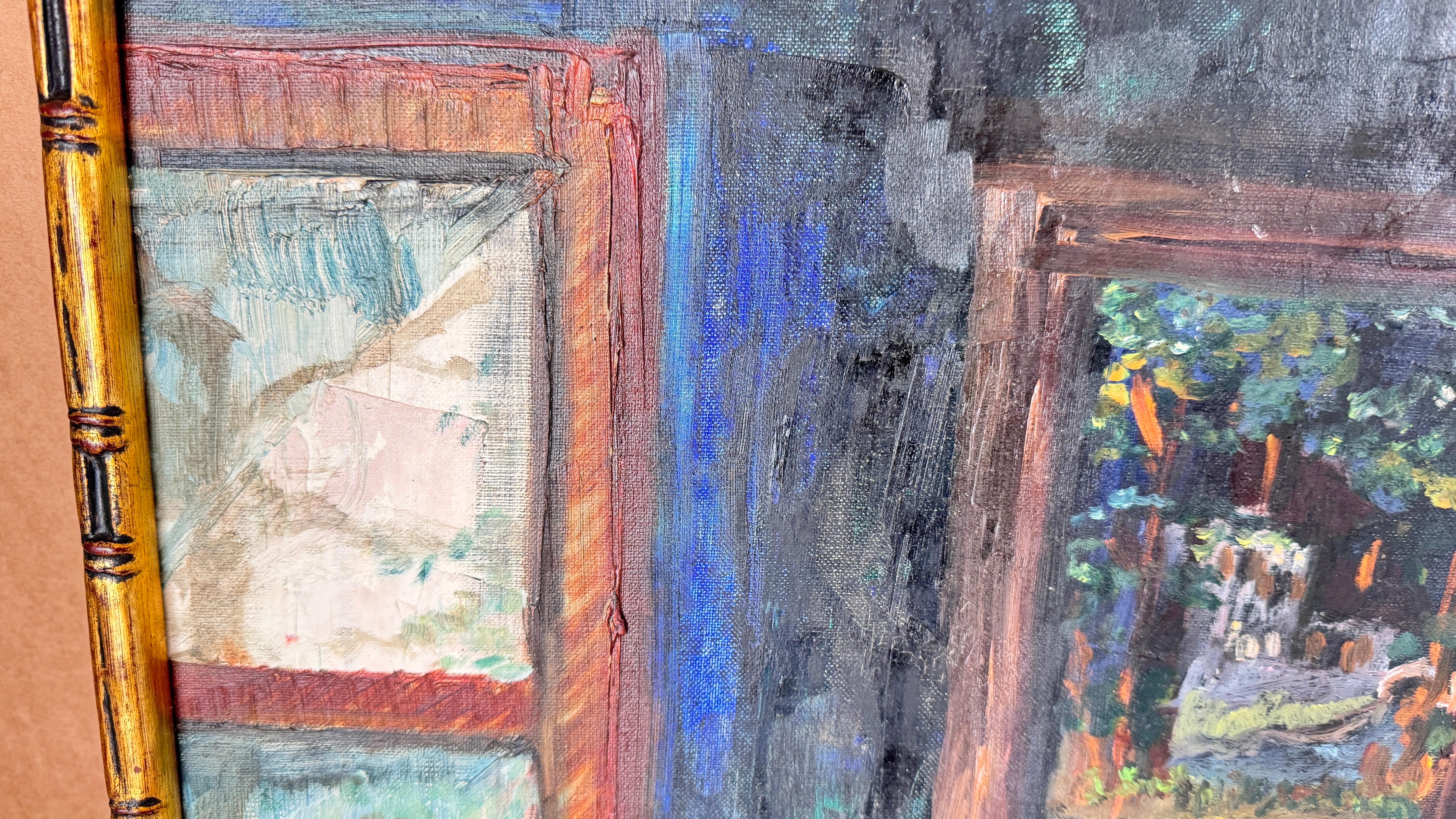 1970s French Still Life Painting, Bold Colors & Thick Texture, Faux Bamboo Gilde For Sale 5