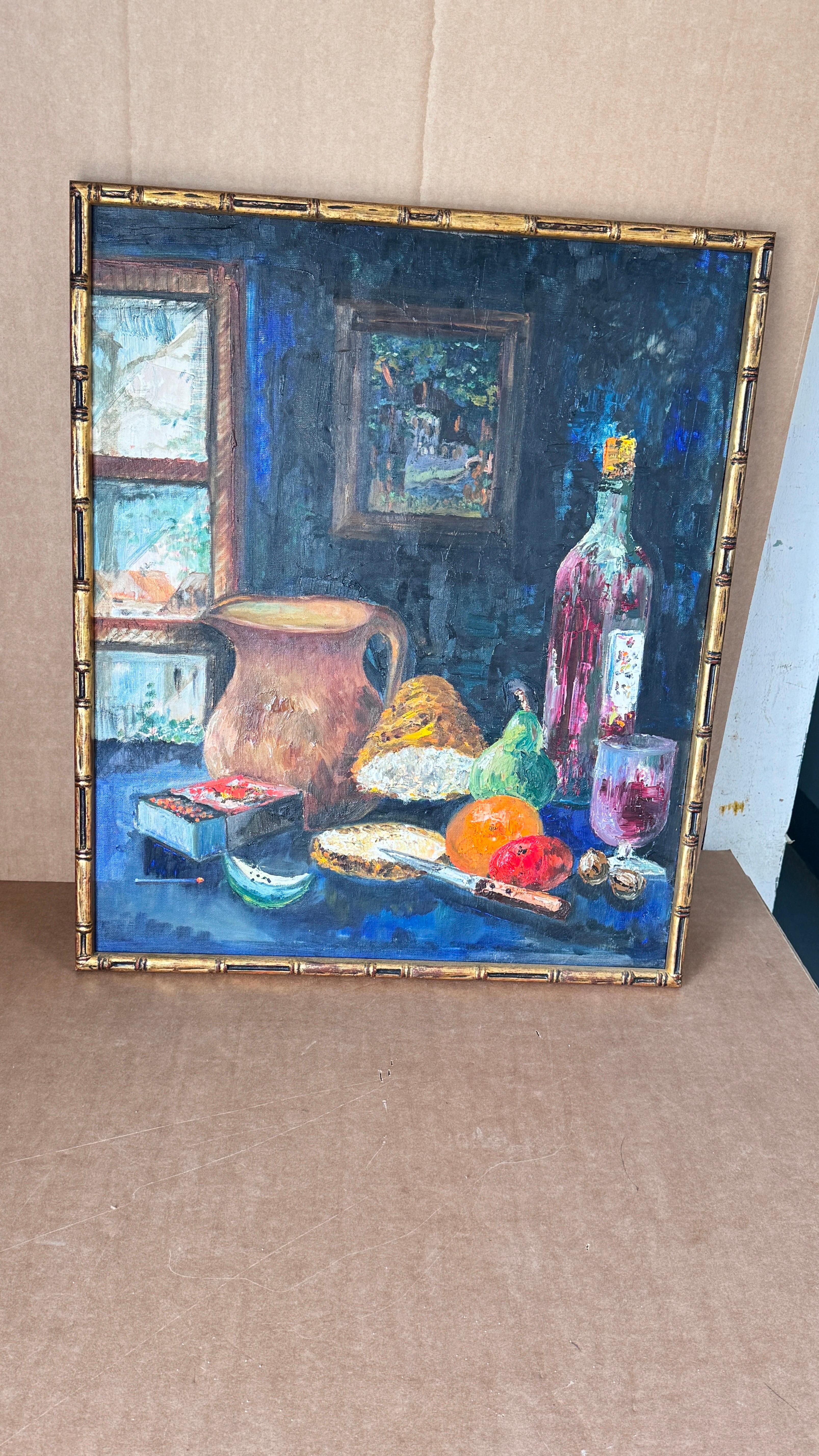 1970s French Still Life Painting, Bold Colors & Thick Texture, Faux Bamboo Gilde For Sale 9
