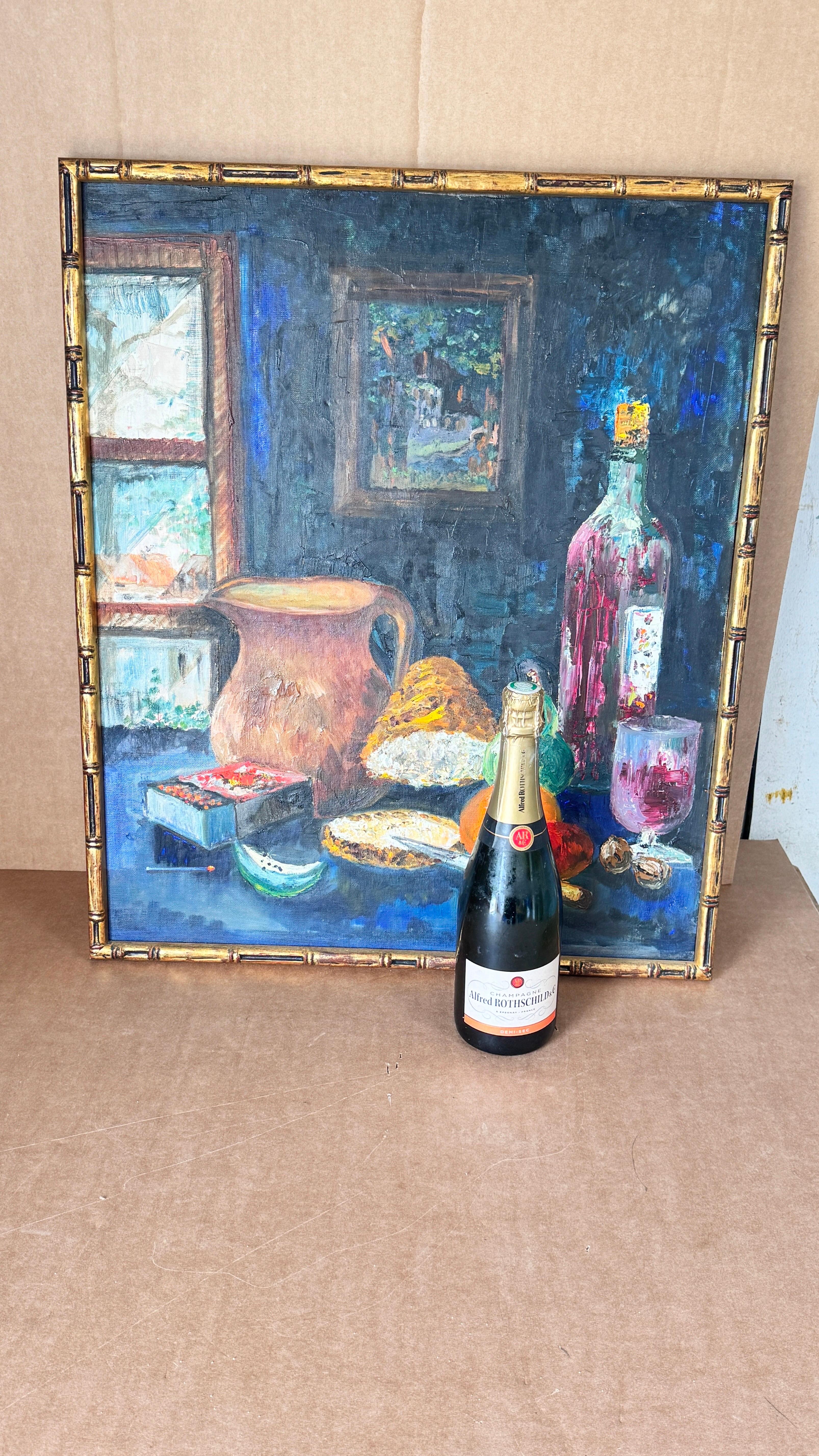 Description:
This captivating oil on canvas painting features a rectangular format, beautifully framed in a dark brown wooden frame that enhances its warm and earthy tones. The artwork presents a still life composition of apples, meticulously