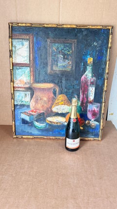 1970s French Still Life Painting, Bold Colors & Thick Texture, Faux Bamboo Gilde