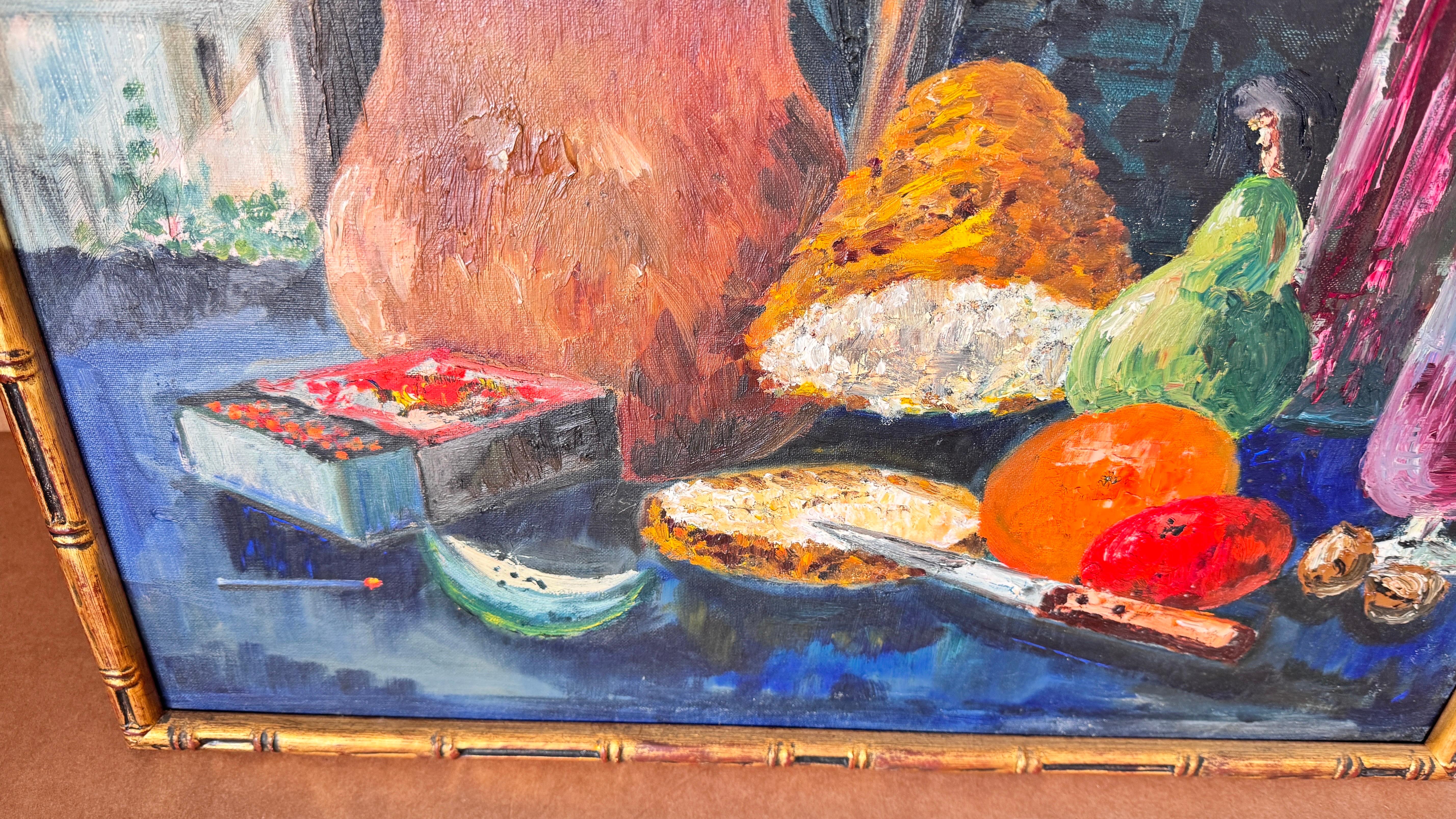 Oiled 1970s French Still Life Painting, Bold Colors & Thick Texture, Faux Bamboo Gilde For Sale