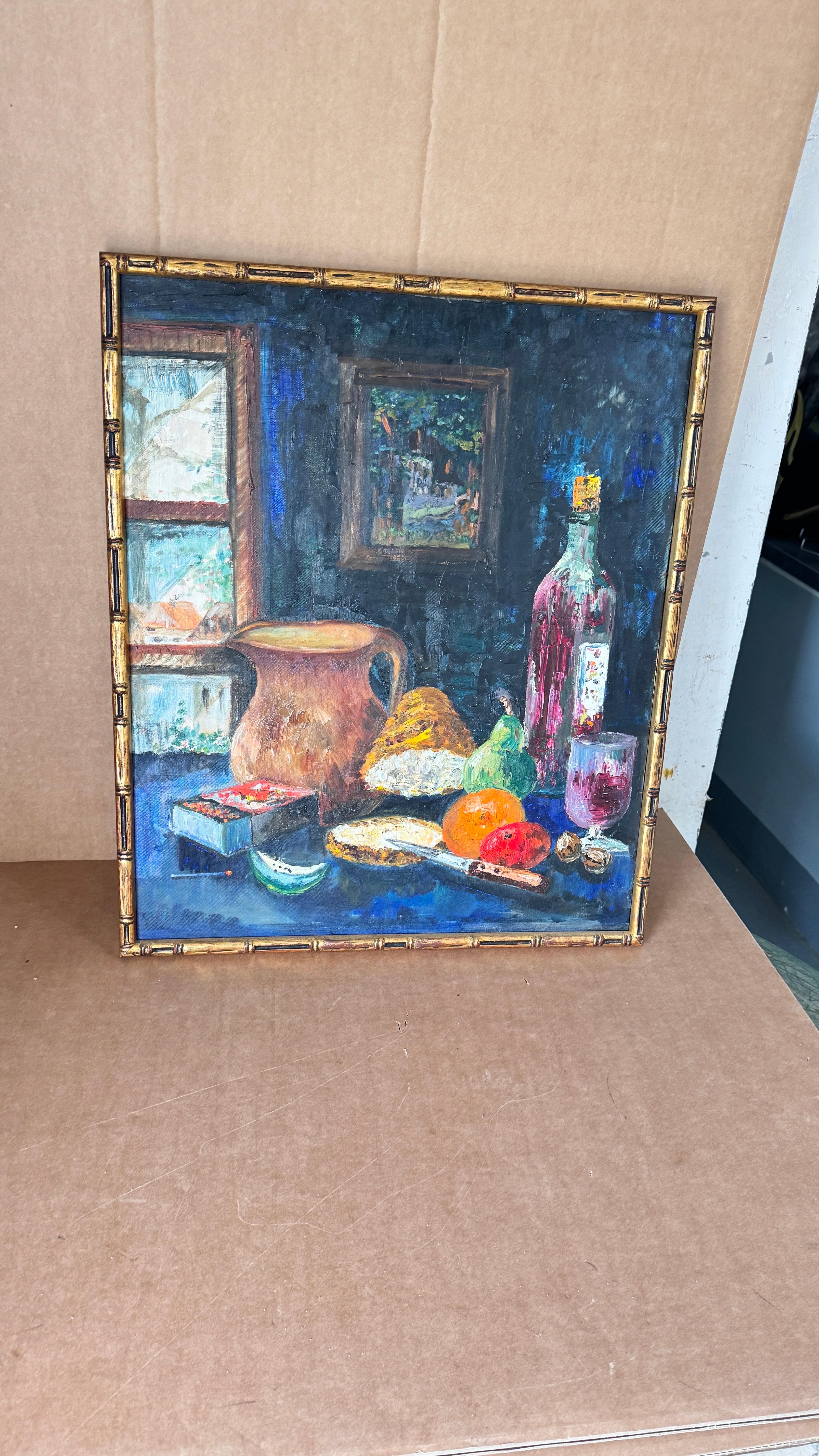 1970s French Still Life Painting, Bold Colors & Thick Texture, Faux Bamboo Gilde In Good Condition For Sale In Auribeau sur Siagne, FR