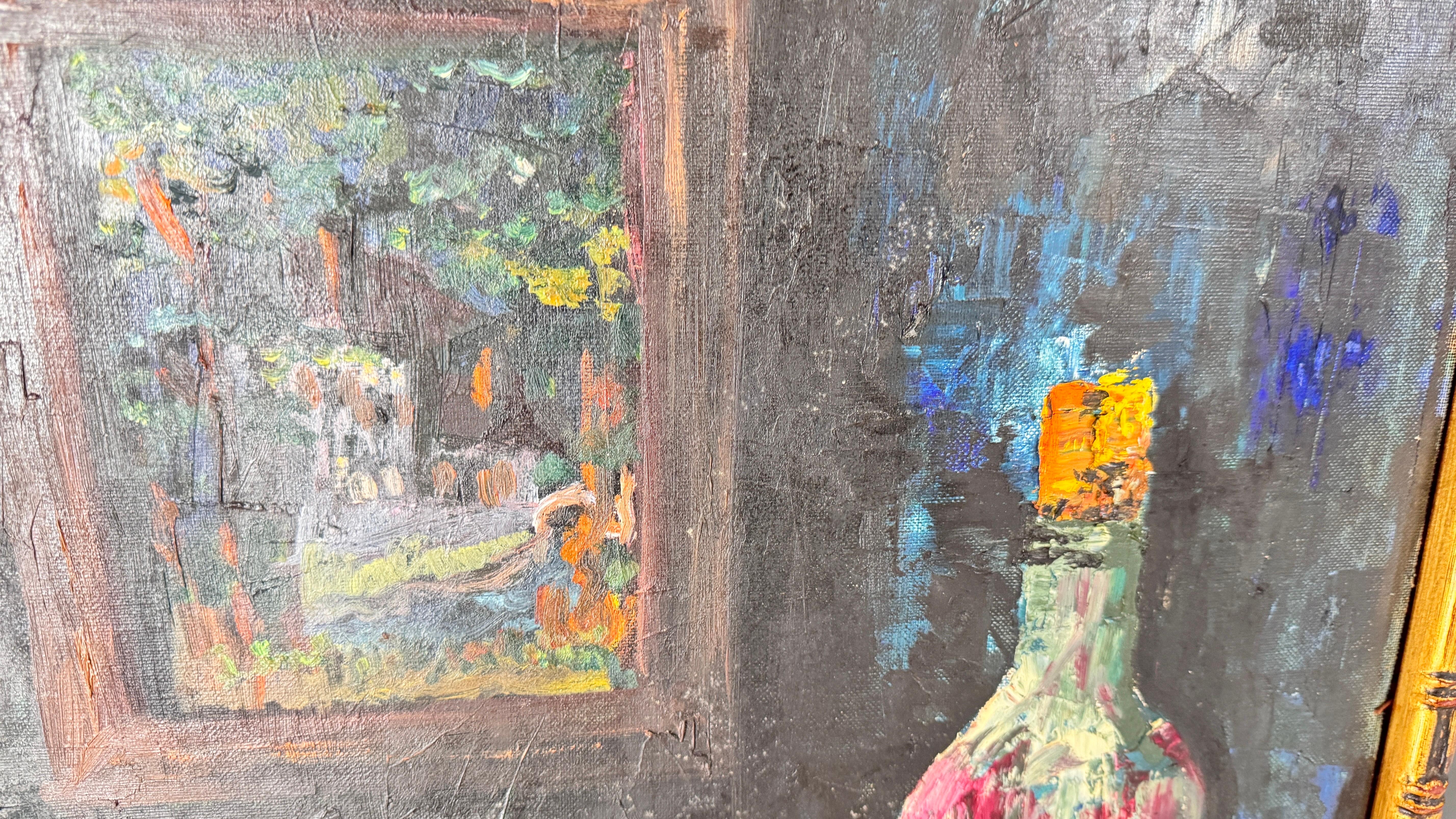 Wood 1970s French Still Life Painting, Bold Colors & Thick Texture, Faux Bamboo Gilde For Sale
