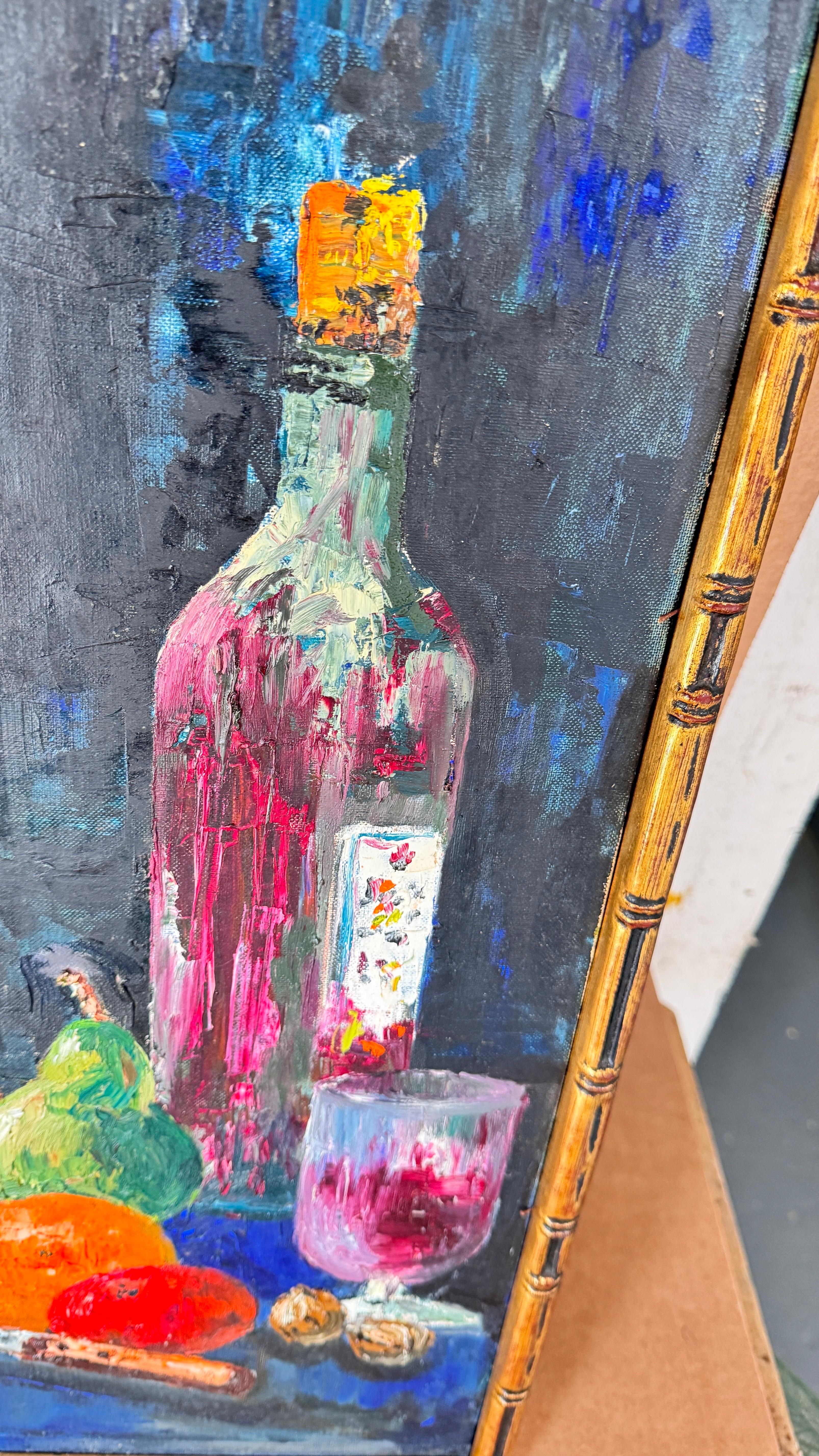 1970s French Still Life Painting, Bold Colors & Thick Texture, Faux Bamboo Gilde For Sale 1