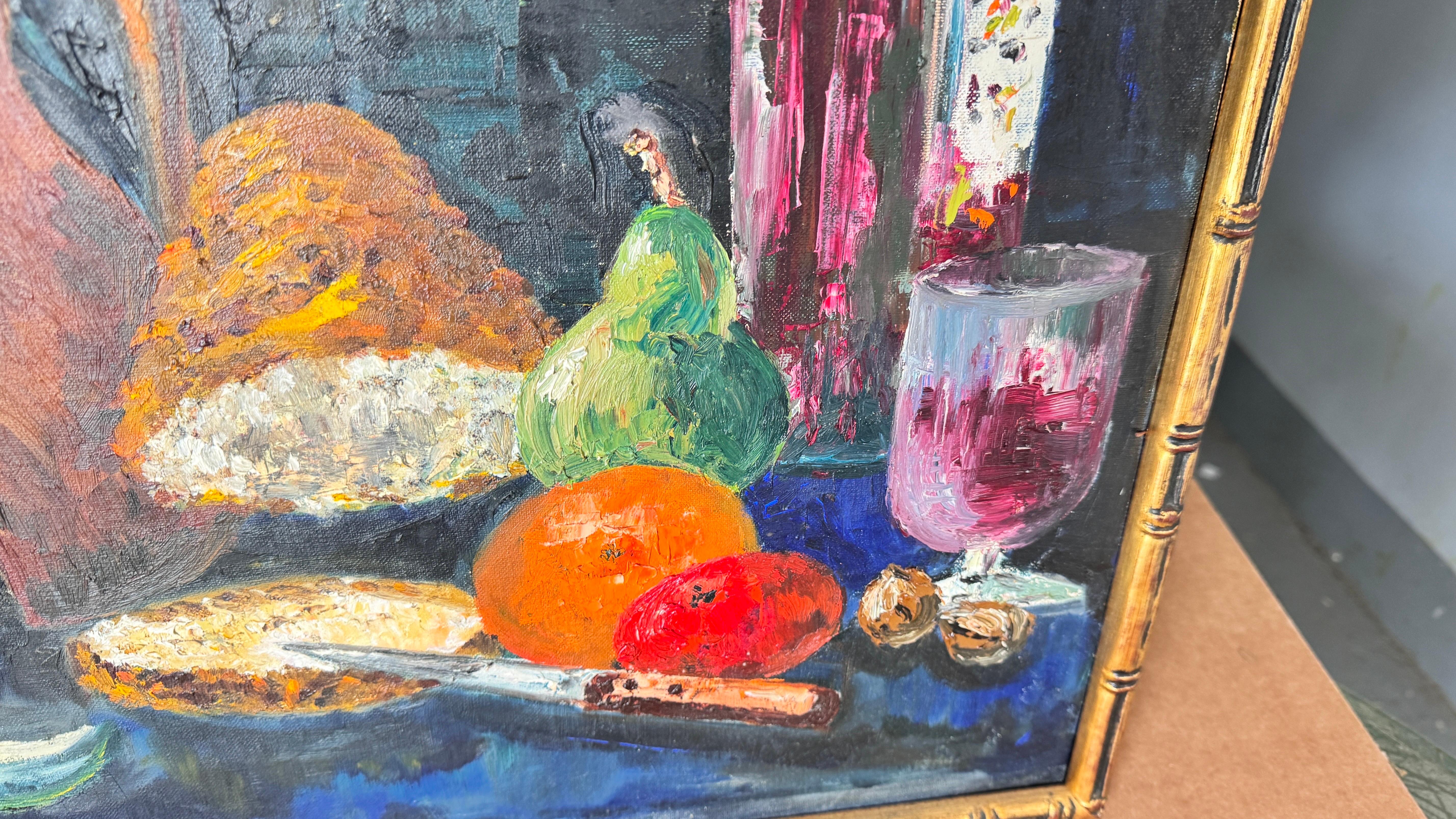 1970s French Still Life Painting, Bold Colors & Thick Texture, Faux Bamboo Gilde For Sale 2