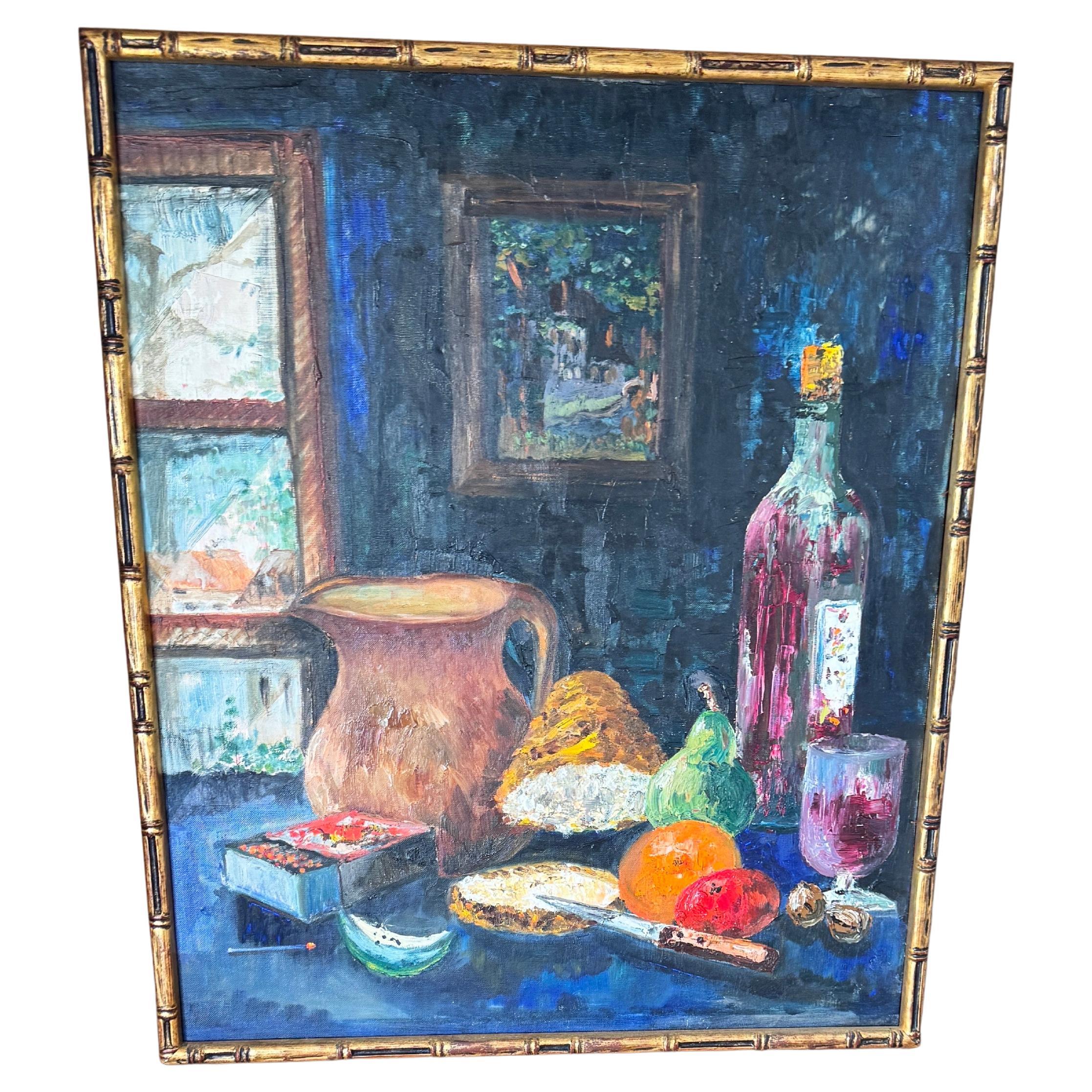 1970s French Still Life Painting, Bold Colors & Thick Texture, Faux Bamboo Gilde