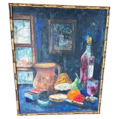 Quadro di natura morta francese degli anni '70, colori vivaci e struttura spessa, gildi di bambù finto